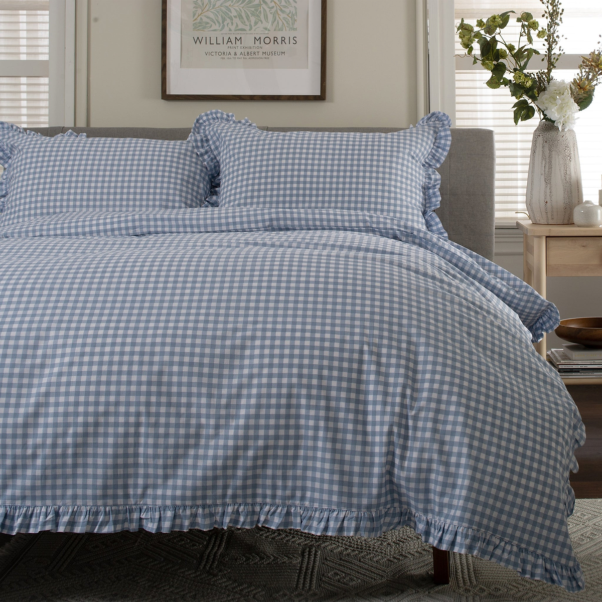 Gingham Frilled Duvet Set Double Blue from Roseland Furniture