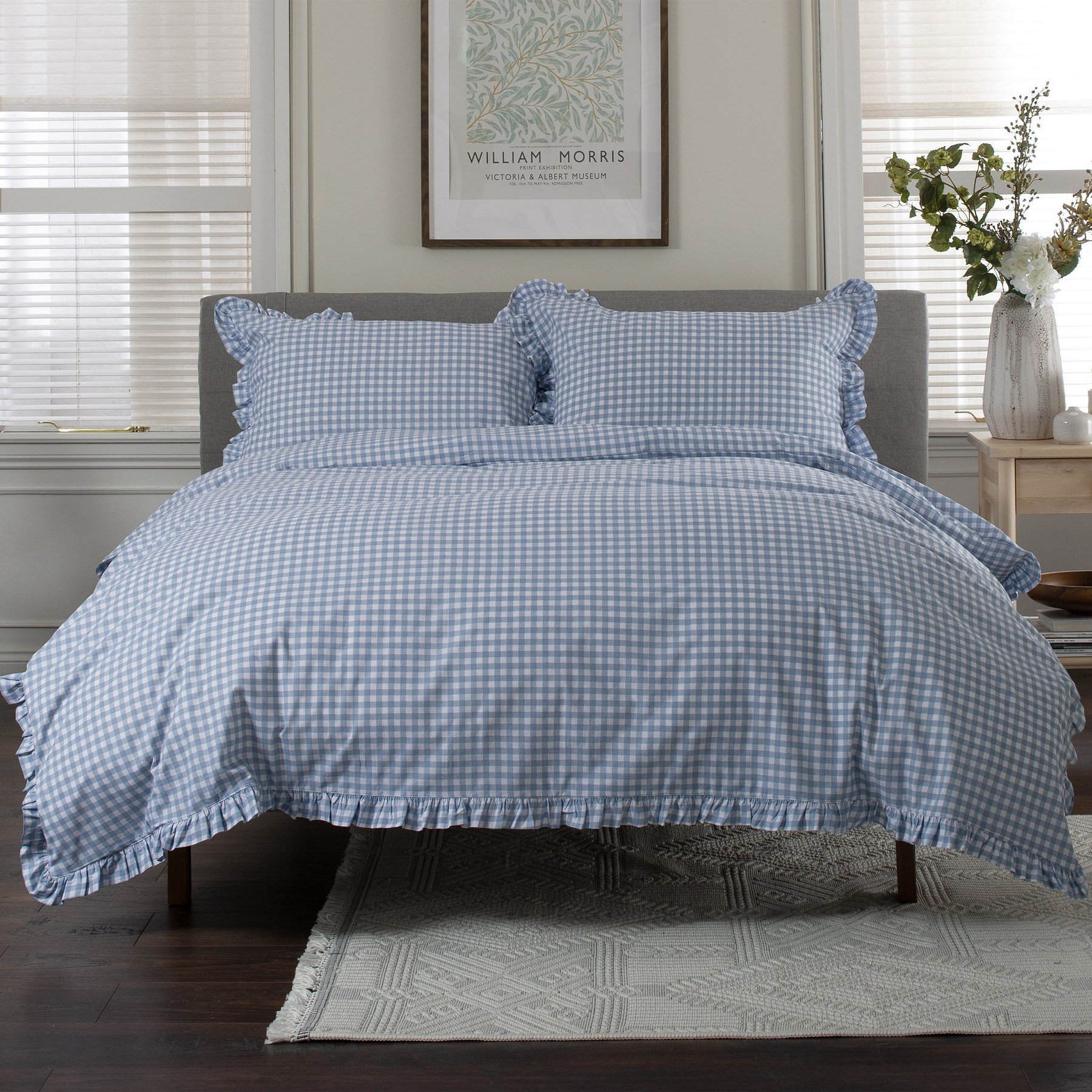 Gingham Frilled Duvet Set Double Blue from Roseland Furniture