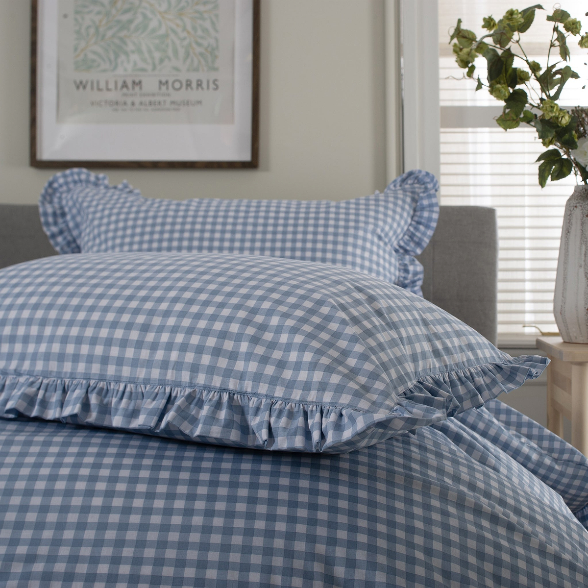 Gingham Frilled Duvet Set Double Blue from Roseland Furniture
