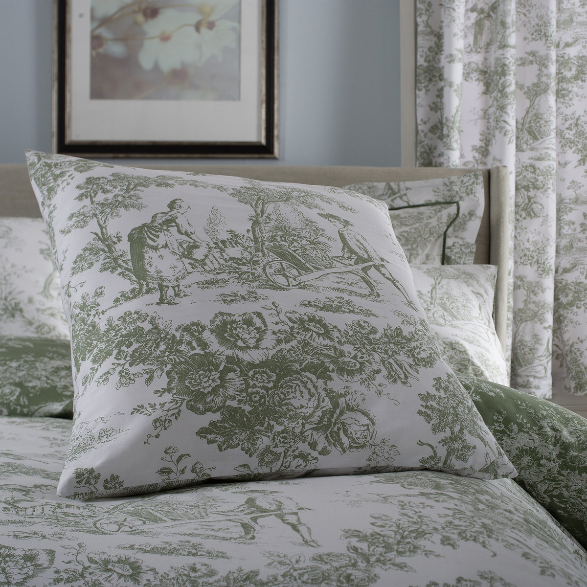 Toile De Jouy Cushion Sage from Roseland Furniture