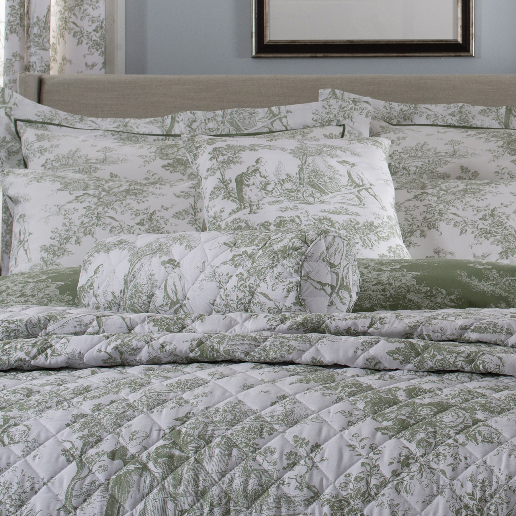 Toile De Jouy Bolster Cushion Sage from Roseland Furniture