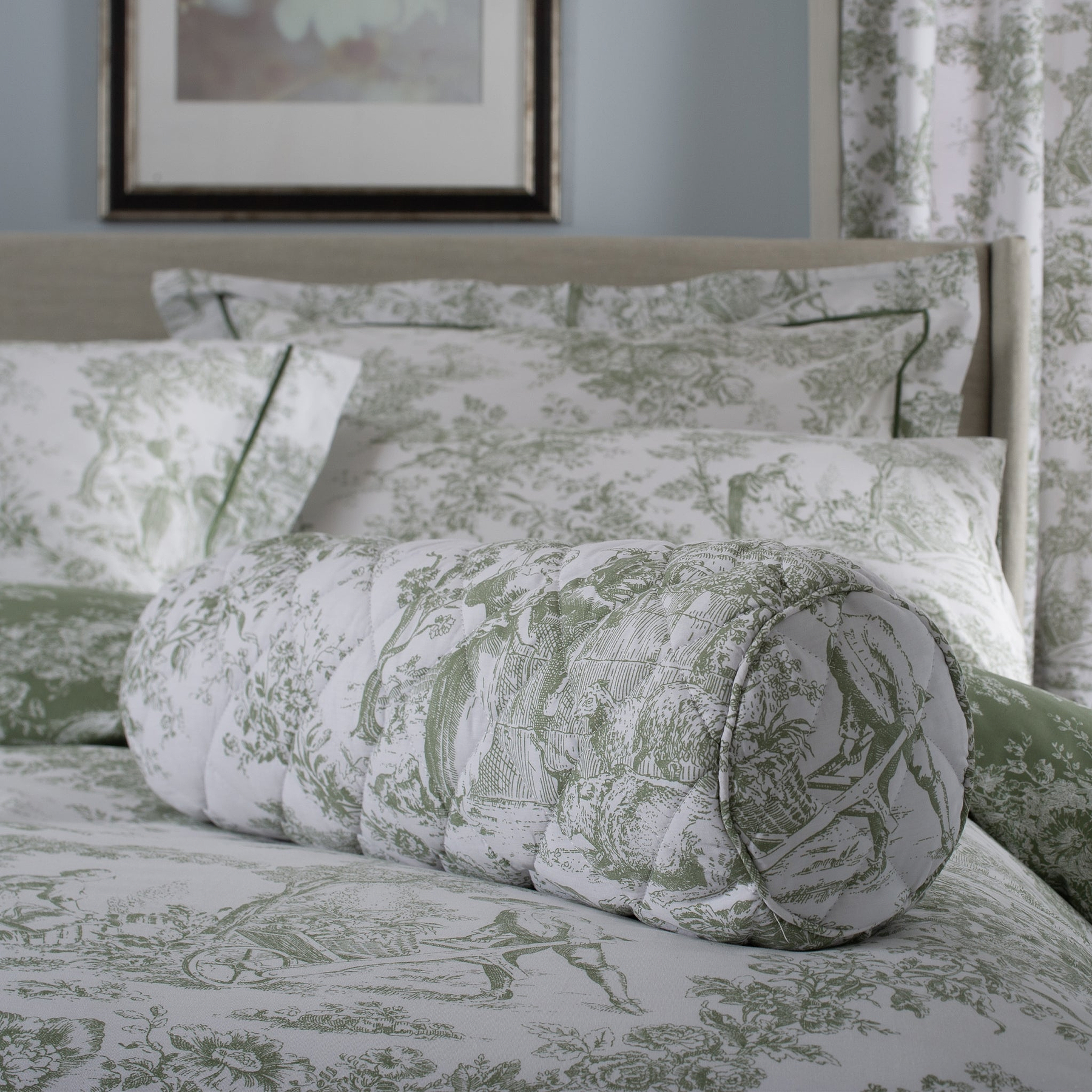 Toile De Jouy Bolster Cushion Sage from Roseland Furniture