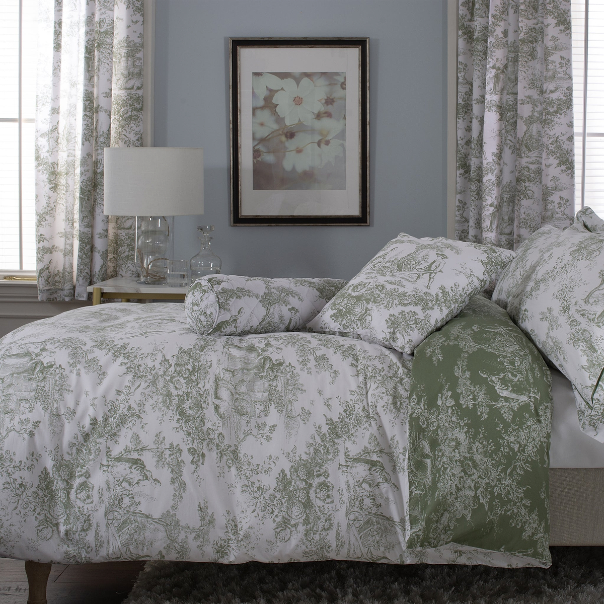 TLC Toile De Jouy Curtains 137cm Sage from Roseland Furniture