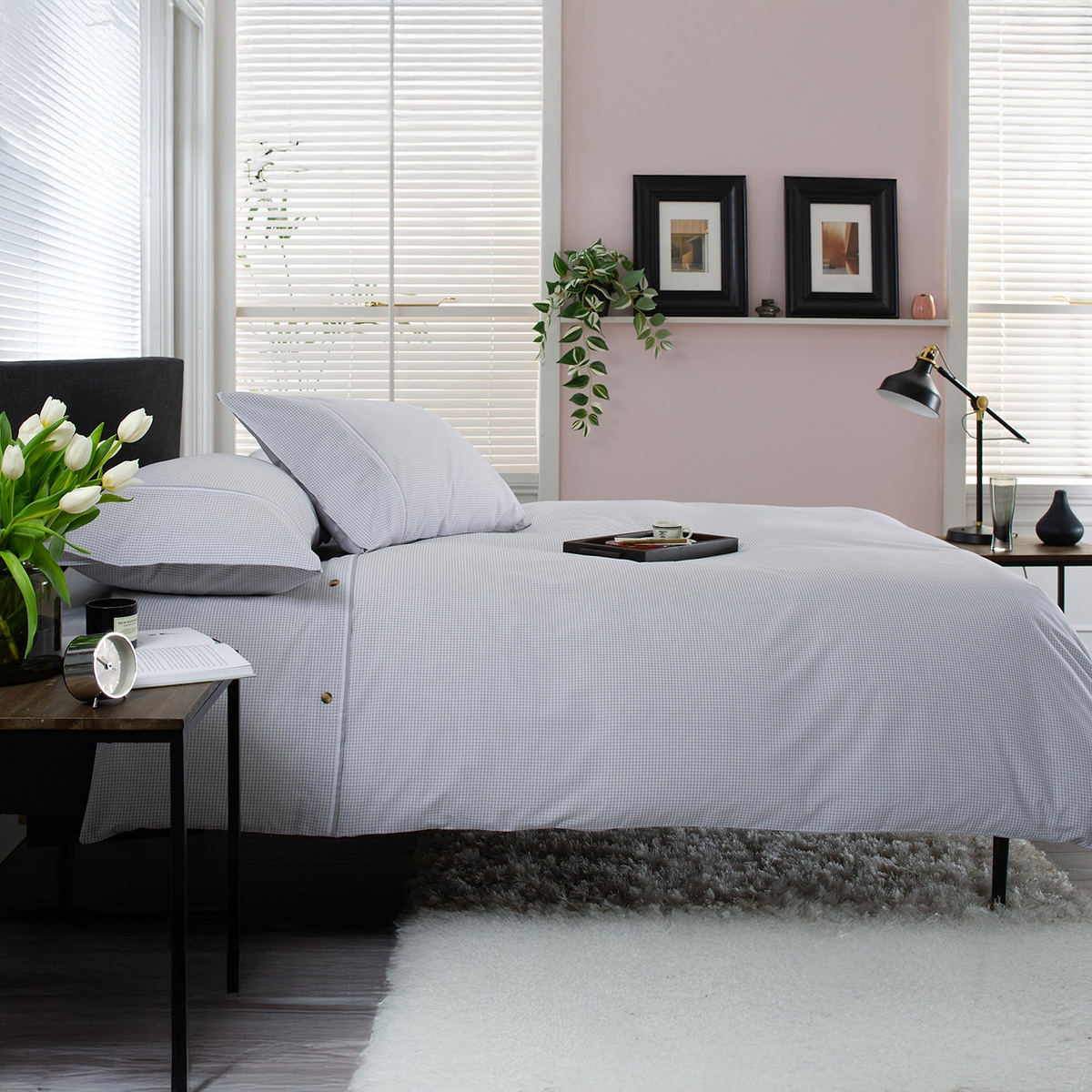 Gingham Single Duvet Set Grey White from Roseland Furniture