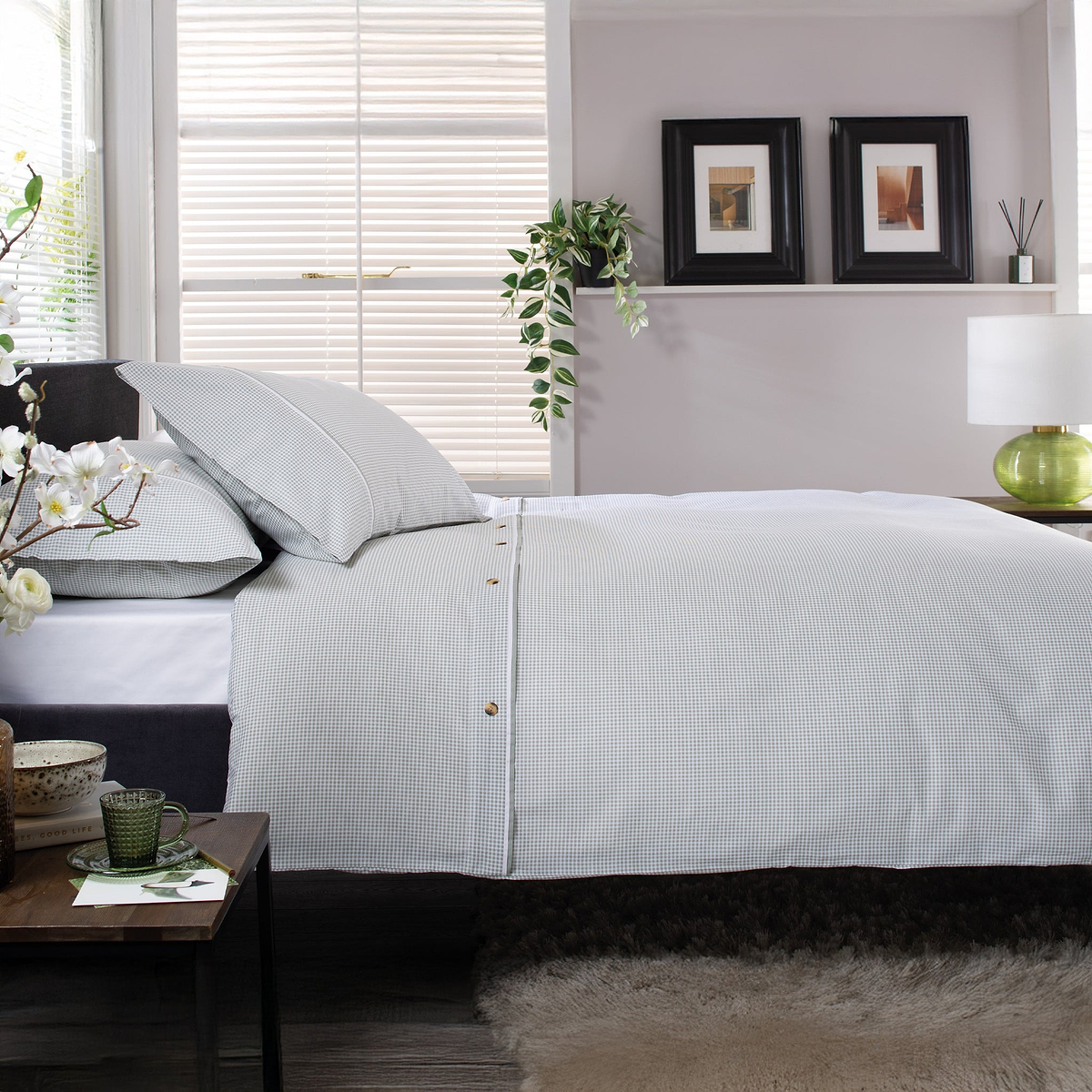 Gingham Single Duvet Set Green White from Roseland Furniture