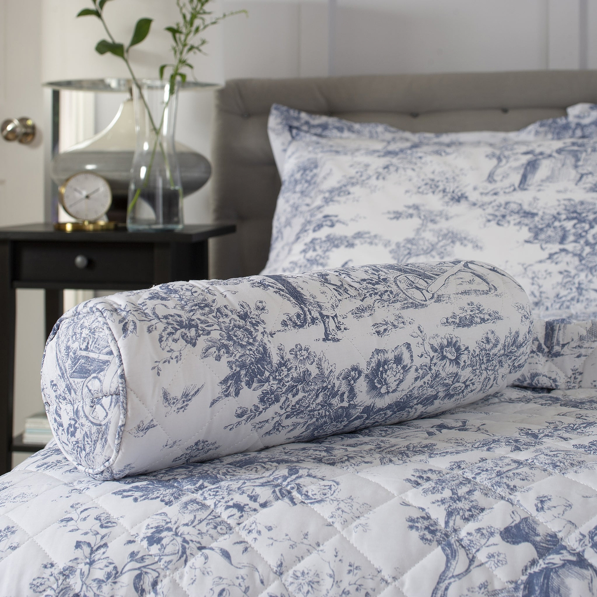 Toile De Jouy Bolster Cushion Blue from Roseland Furniture
