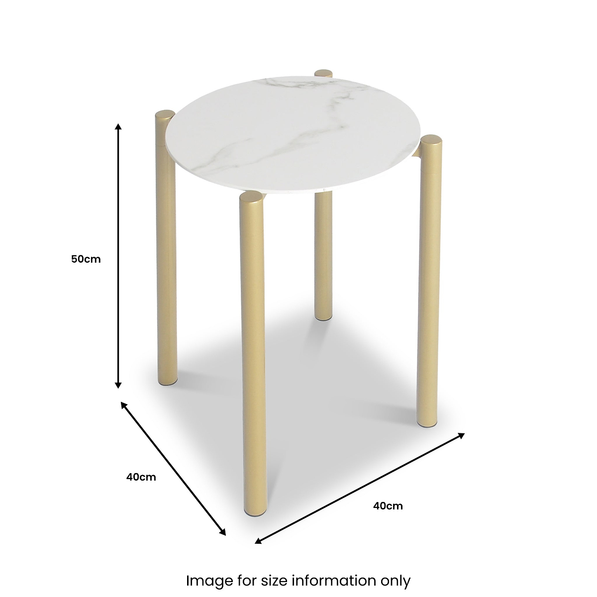 A round, marble-top table stands on four wooden legs, measuring 50cm in height and 40cm in width. Text: "Image for size information only."