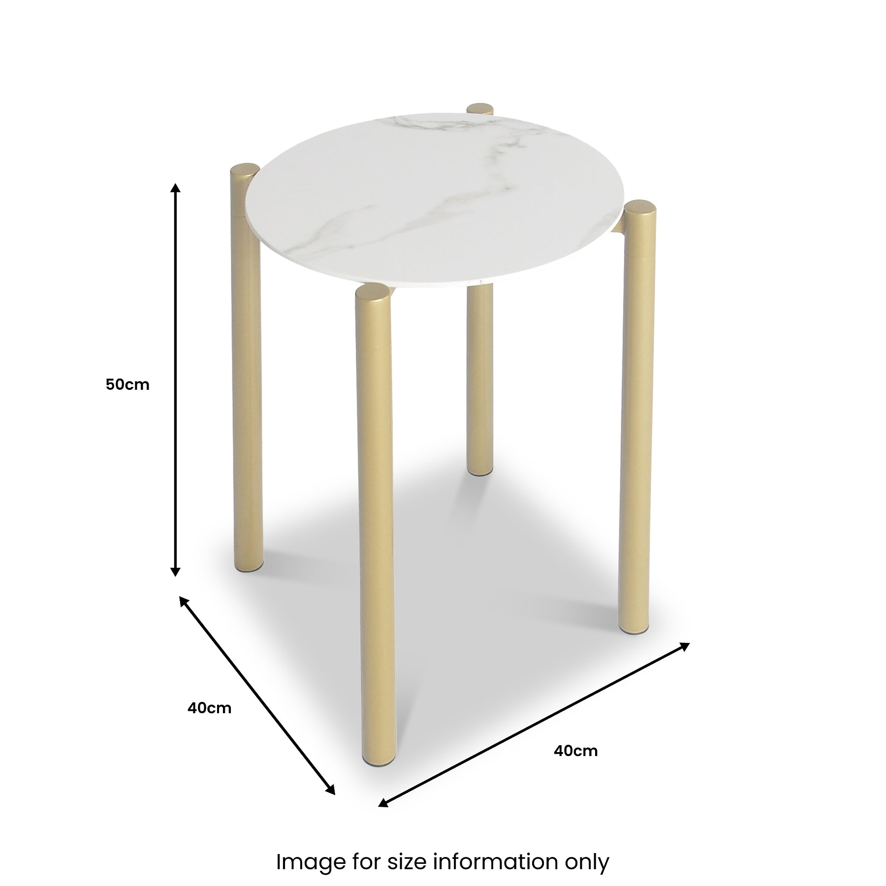 A round, marble-top table stands on four wooden legs, measuring 50cm in height and 40cm in width. Text: "Image for size information only."