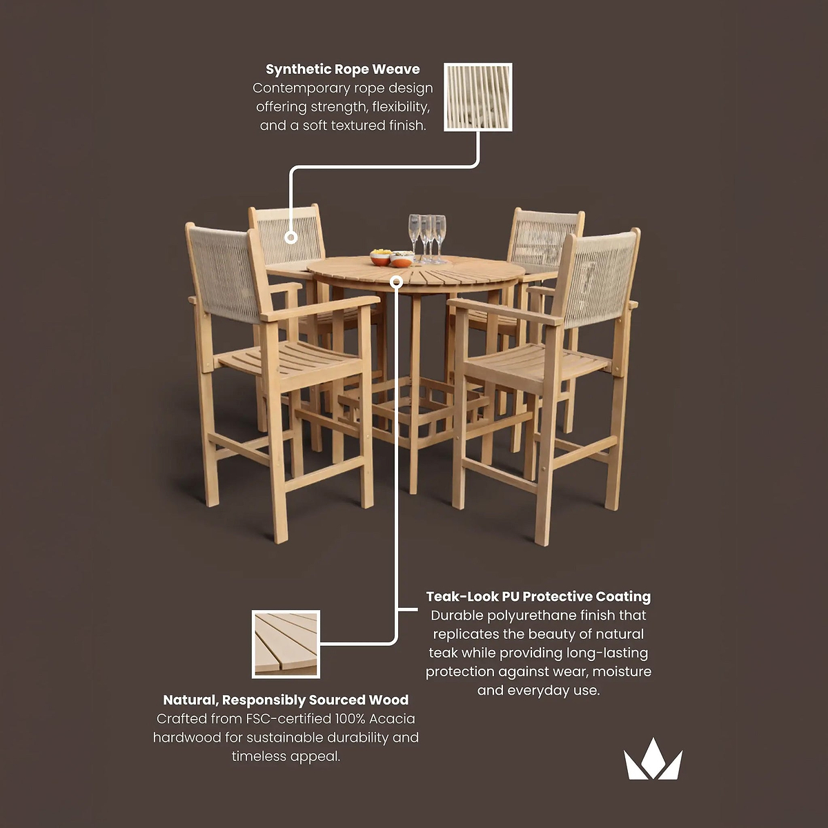 Roma FSC Bar Set 100cm High Table With 4 Rope Bar Stools