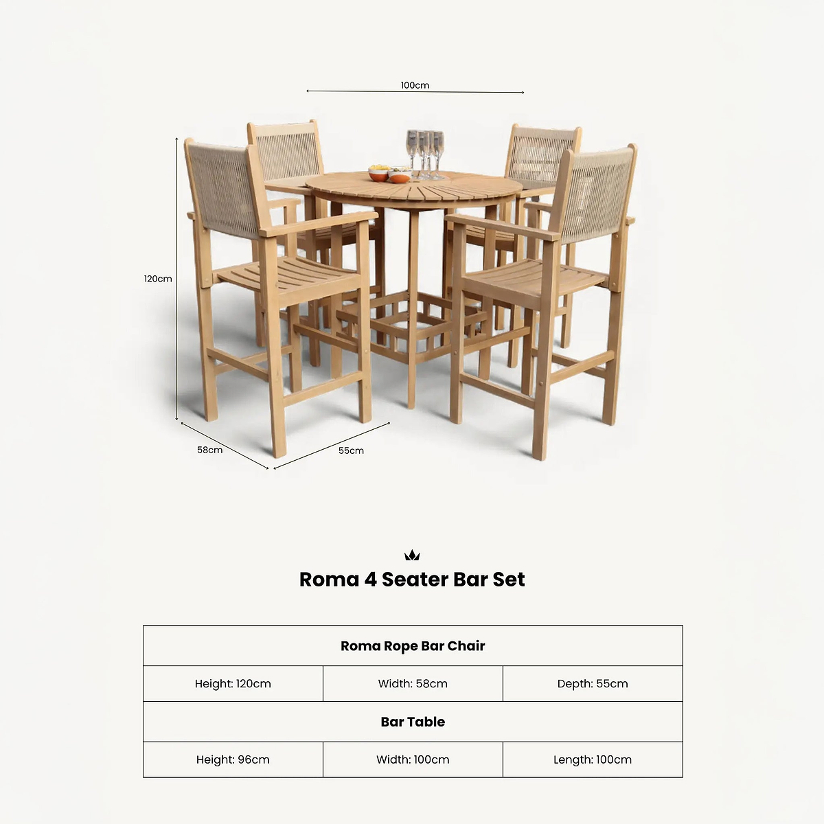 Roma FSC Bar Set 100cm High Table With 4 Rope Bar Stools dimensioins