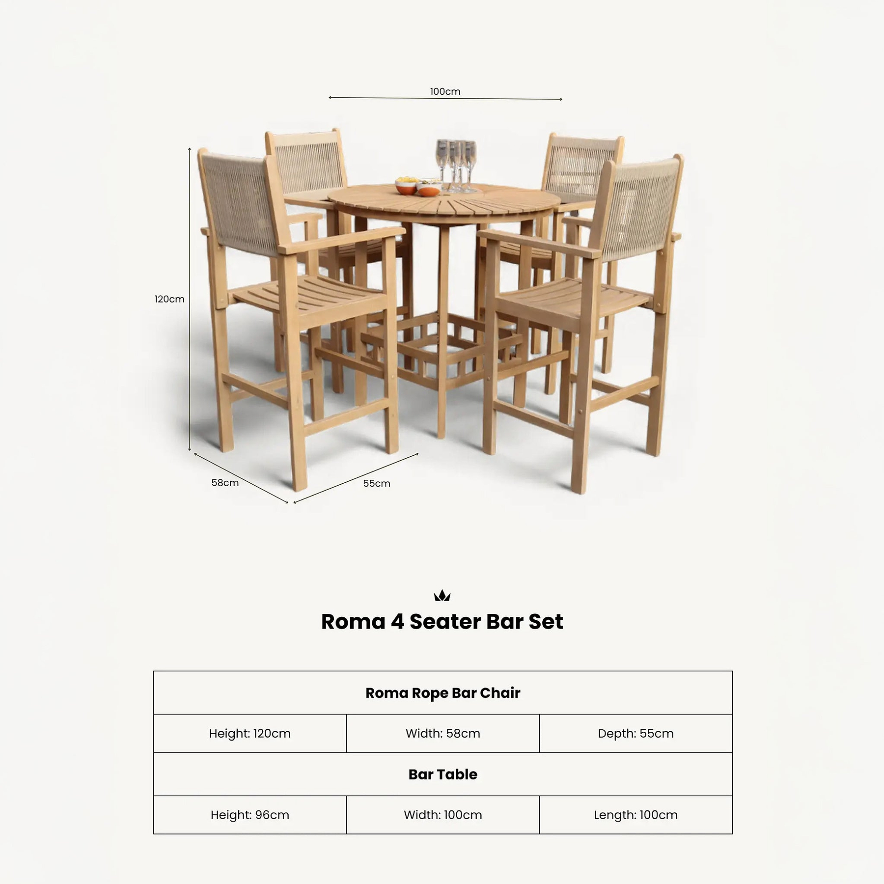 Roma FSC Bar Set 100cm High Table With 4 Rope Bar Stools dimensioins