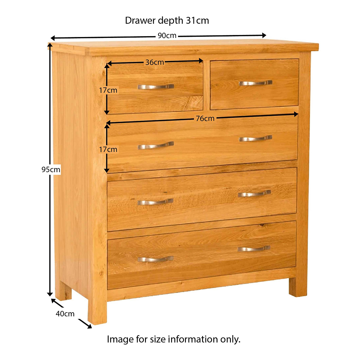 Newlyn Oak 2 over 3 Drawer Chest of Drawers - Size Guide
