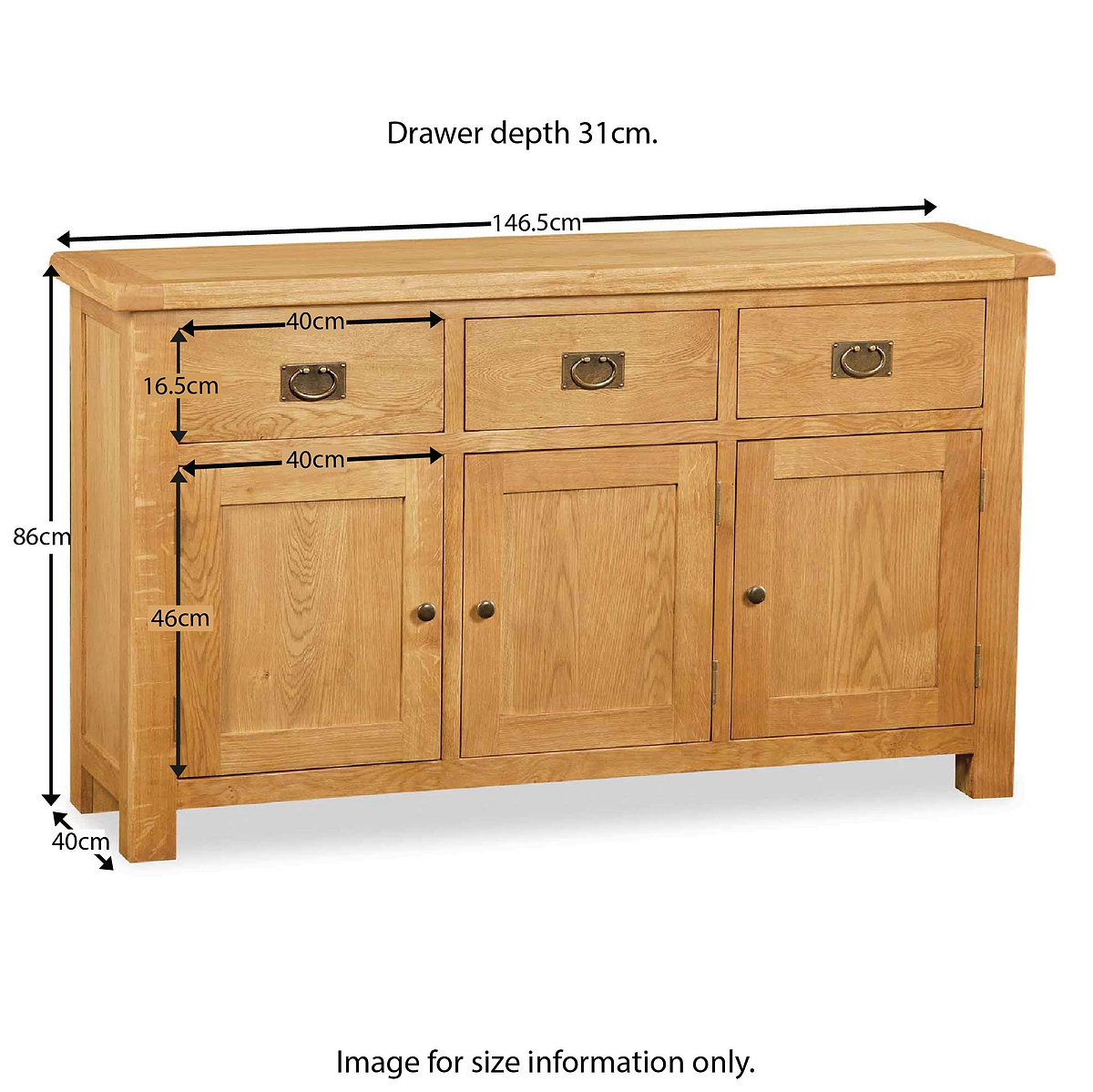 Zelah Oak Large Sideboard by Roseland Furniture - Size Guide