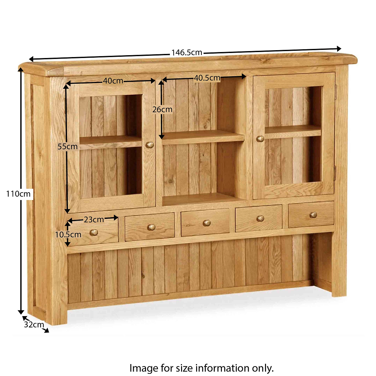 Zelah Oak Large Hutch by Roseland Furniture - Size Guide