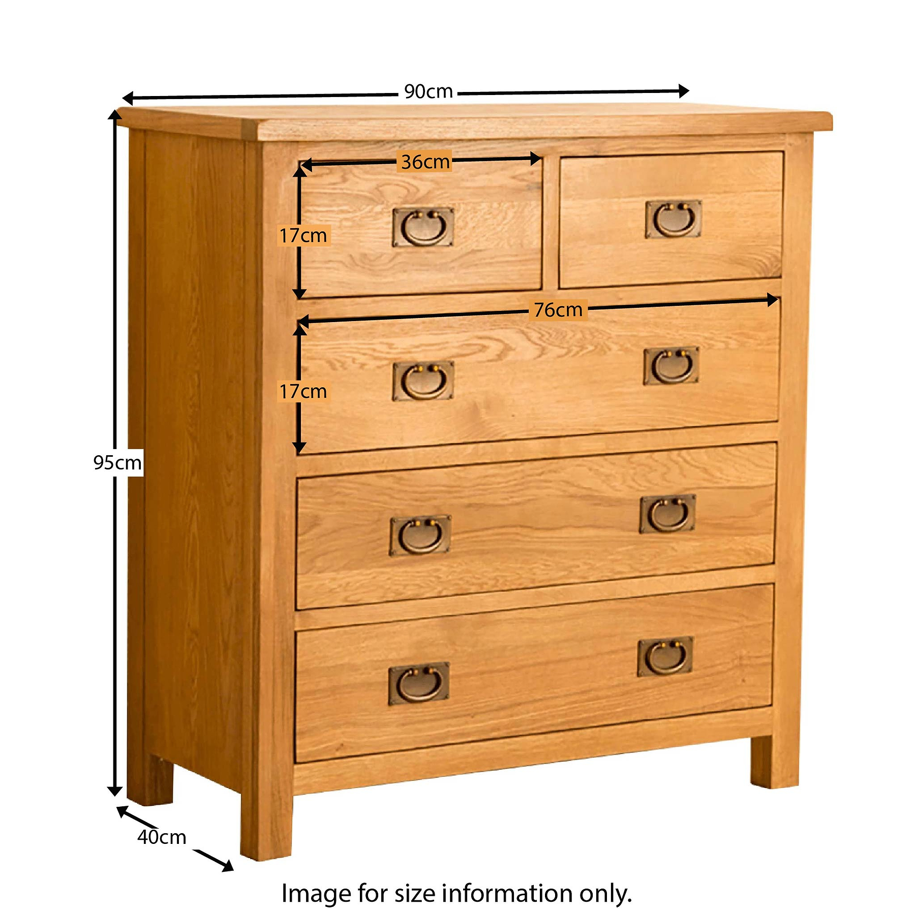 Lanner Oak 2 over 3 Drawer Chest by Roseland Furniture - Size Guide