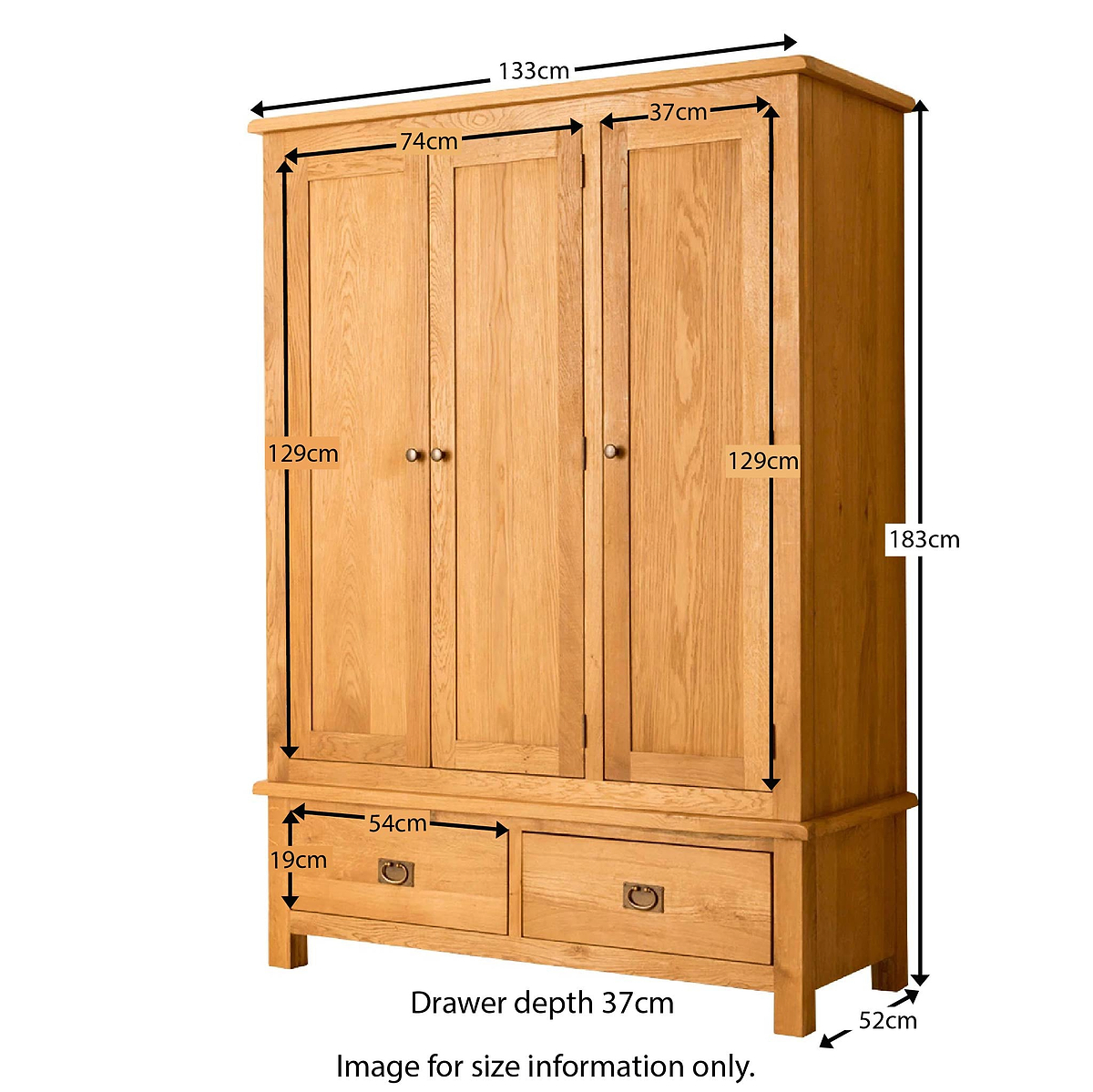 Lanner Oak Triple Wardrobe & Drawers by Roseland Furniture - Size Guide