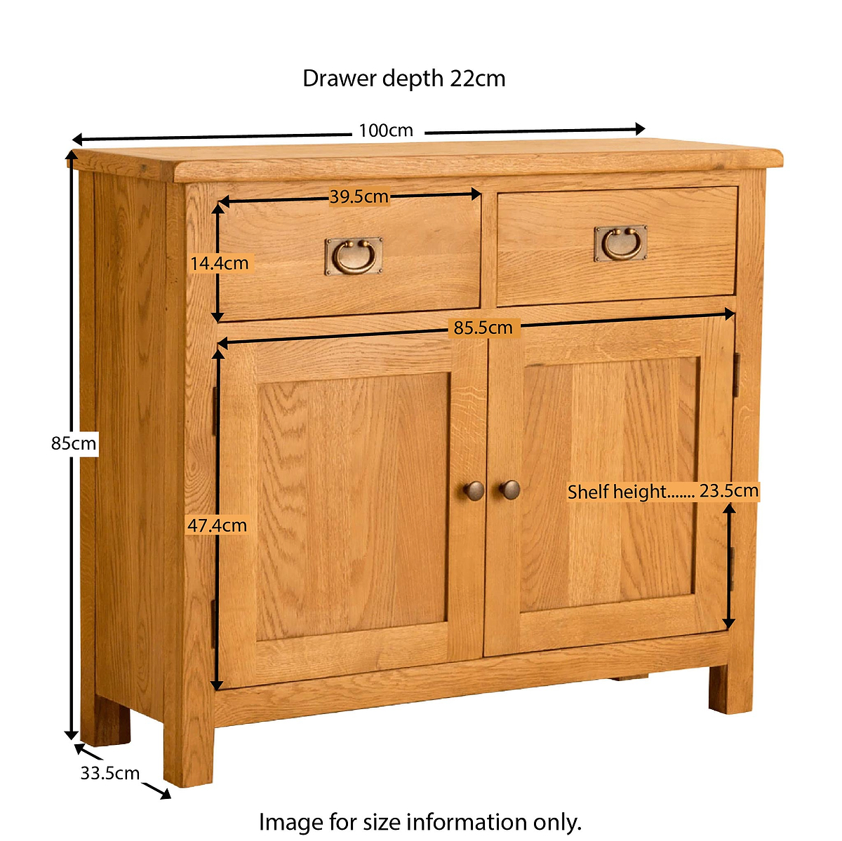 Lanner Oak Small Sideboard from Roseland Furniture - Size Guide