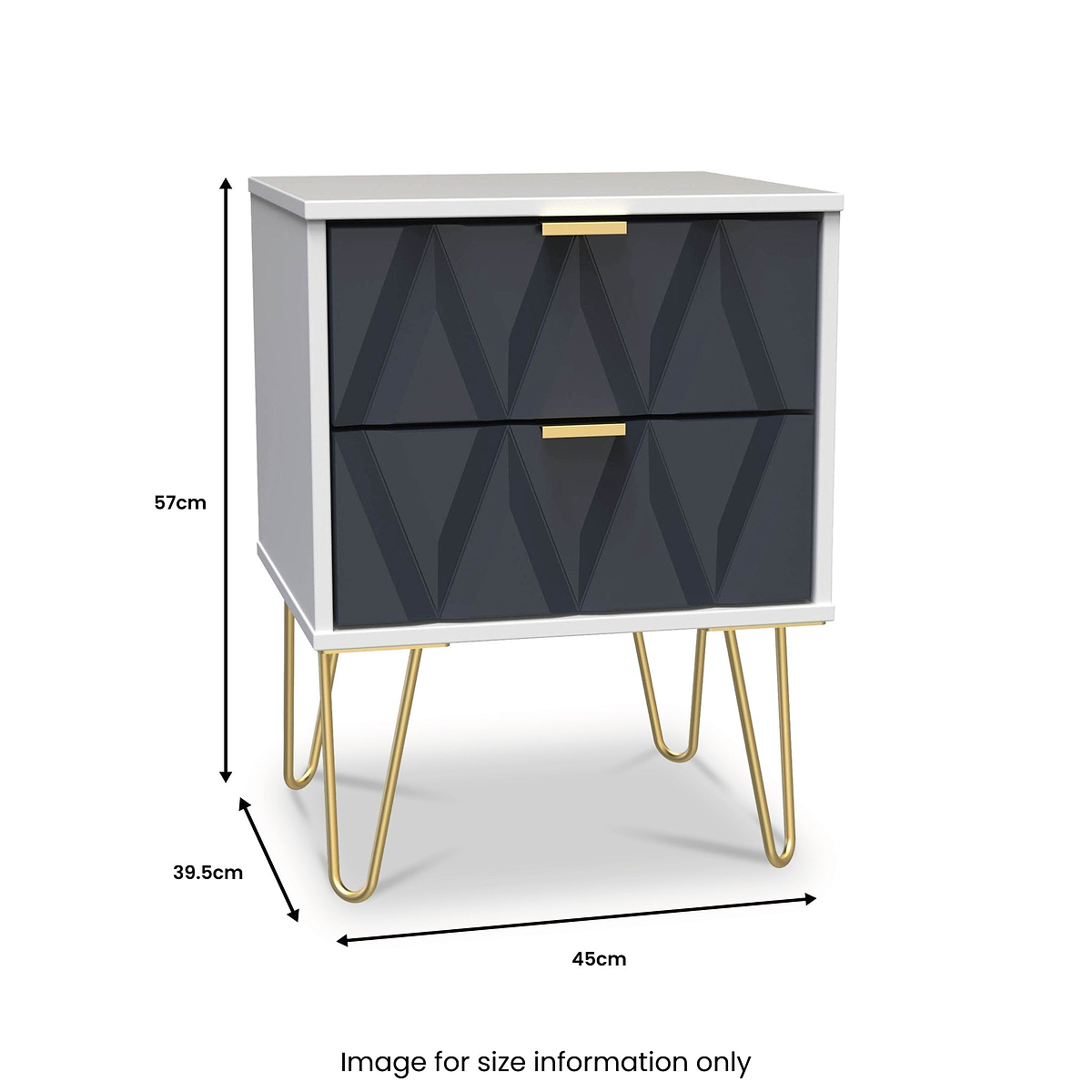 Geo White and Grey 2 Drawer Bedside Table Cabinet with Gold Hair Pin Legs from Roseland Furniture Dimensions