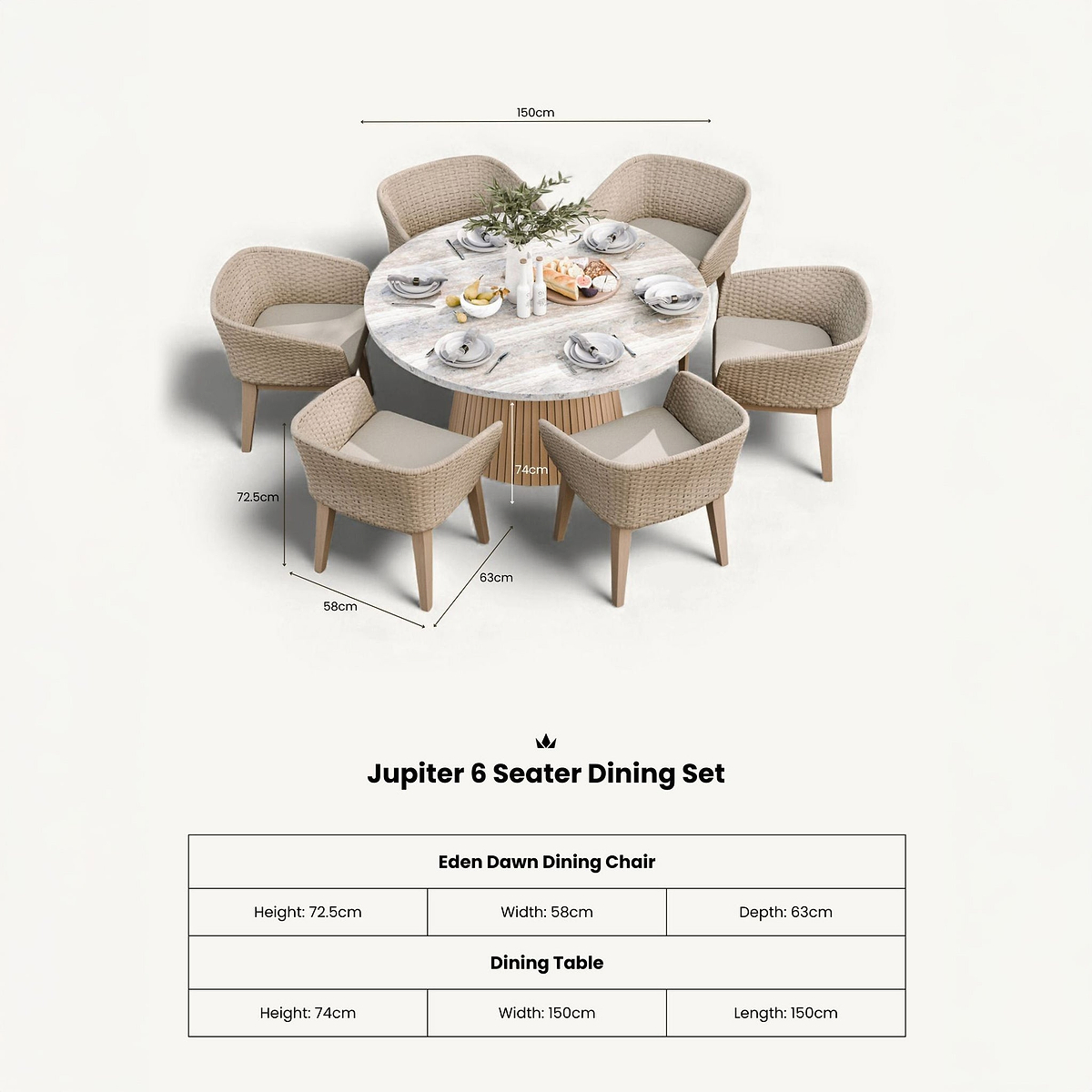 Jupiter 6 Seater Round Conical Dining Set with Eden Dawn Dining Chairs dimensions