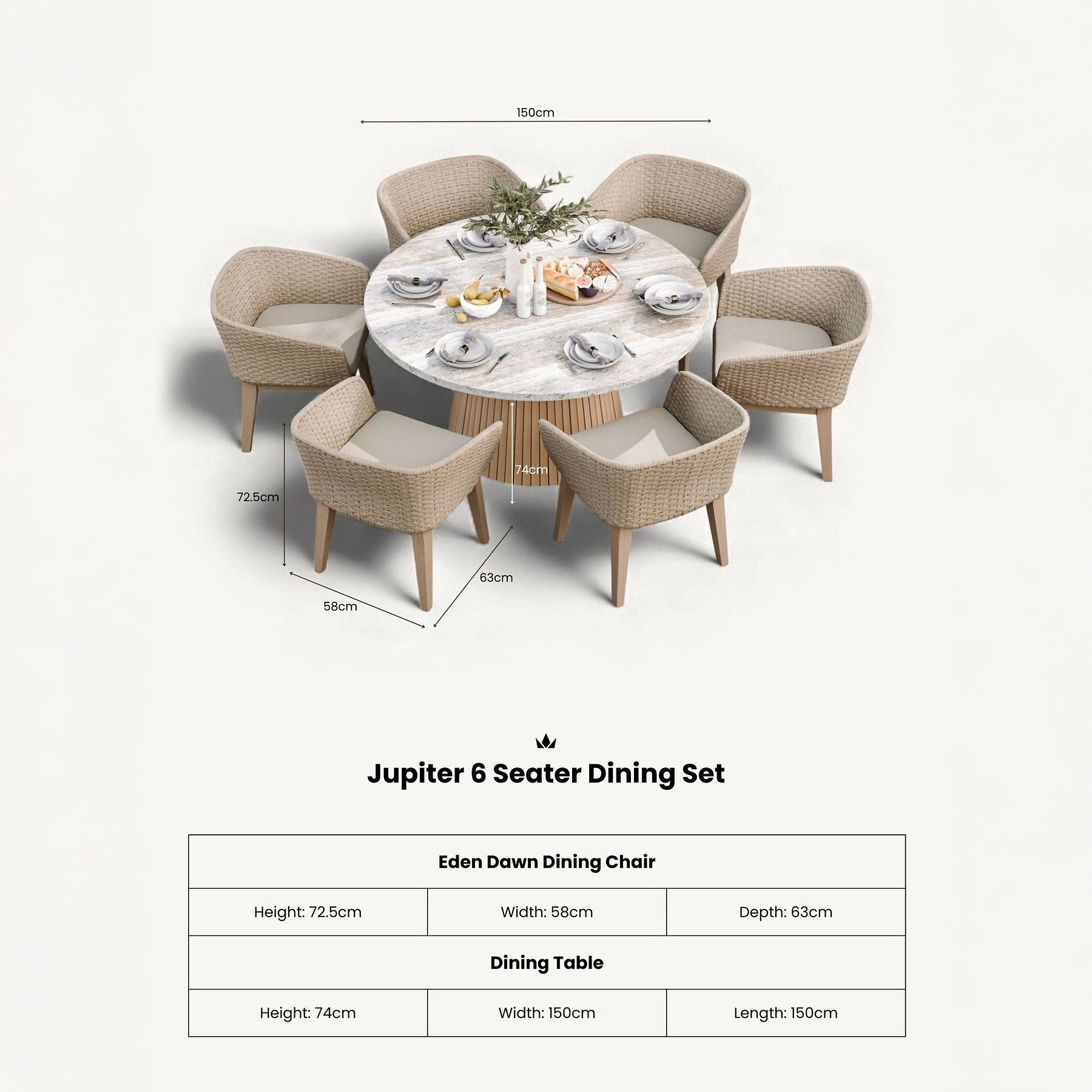 Jupiter 6 Seater Round Conical Dining Set with Eden Dawn Dining Chairs dimensions