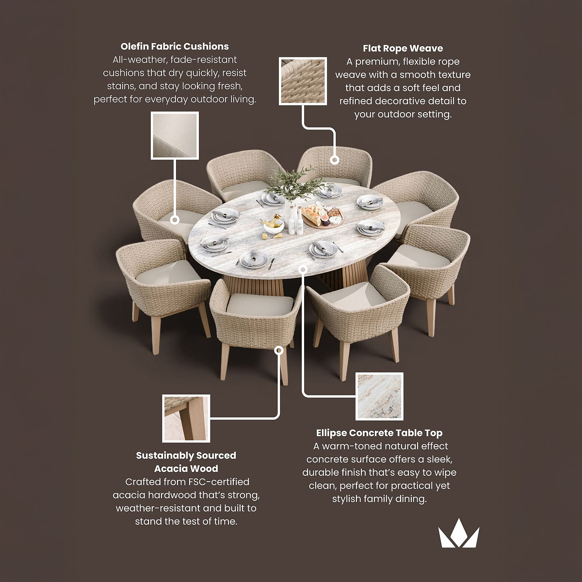 Jupiter 8 Seater Ellipse D Conical Dining Set with Eden Dawn Dining Chairs
