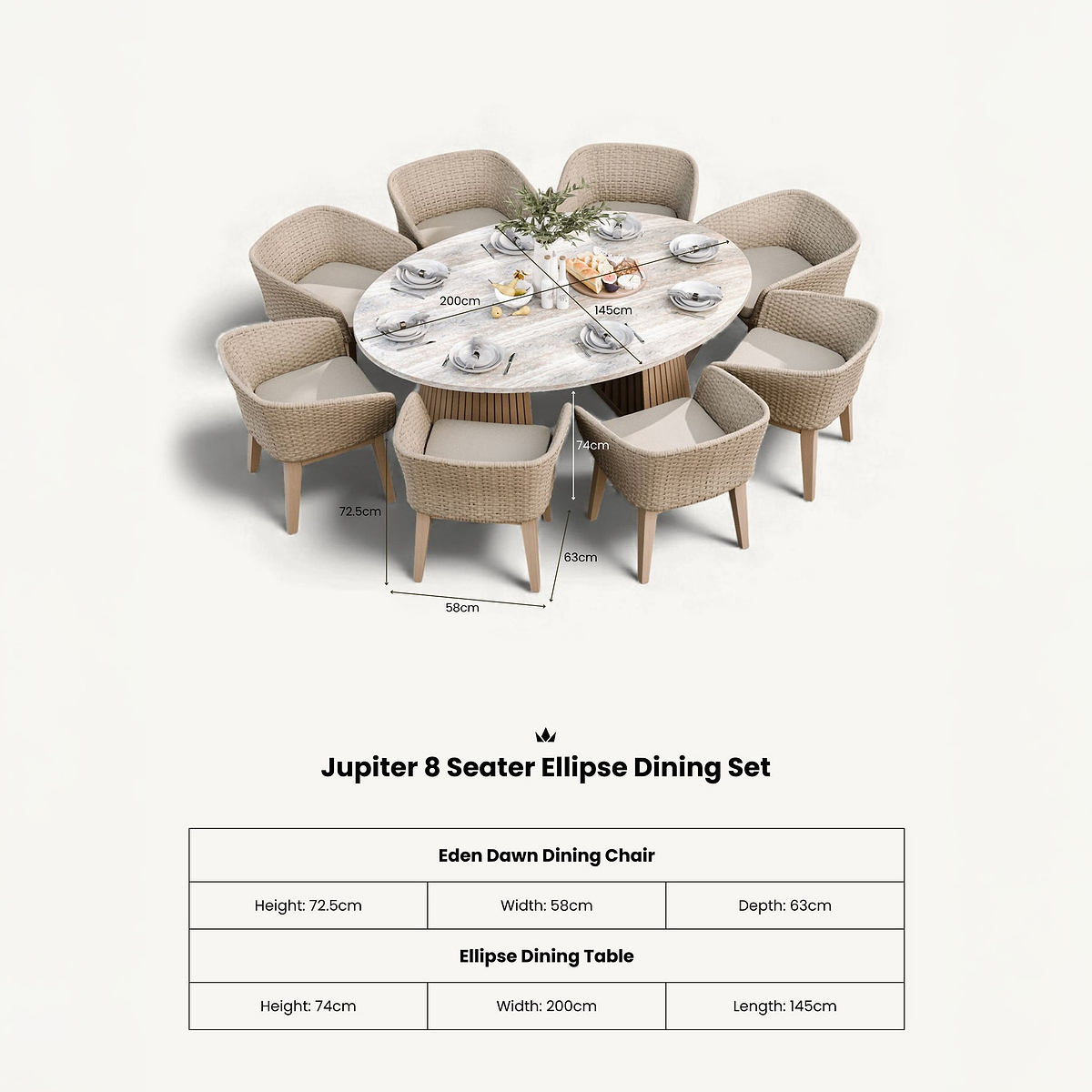 Jupiter 8 Seater Ellipse D Conical Dining Set with Eden Dawn Dining Chairs dimensions