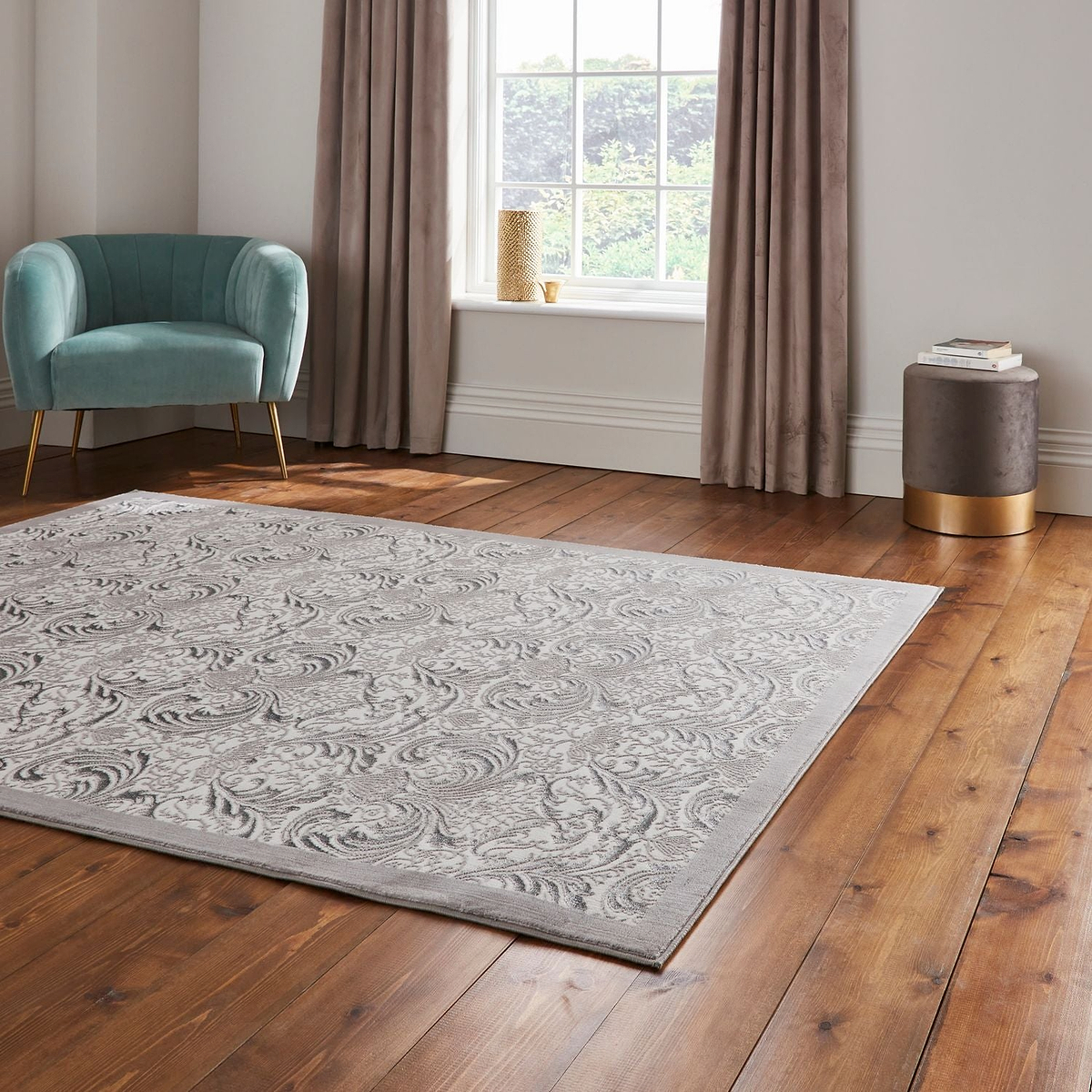 Silver Laurence Llewelyn-Bowen Ornate Metallic Rug from Roseland Furniture