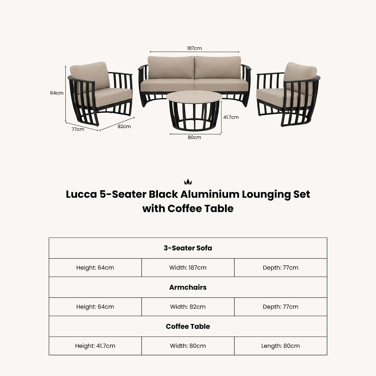 Lucca 5 Seater Lounging Set with Coffee Table dimensions