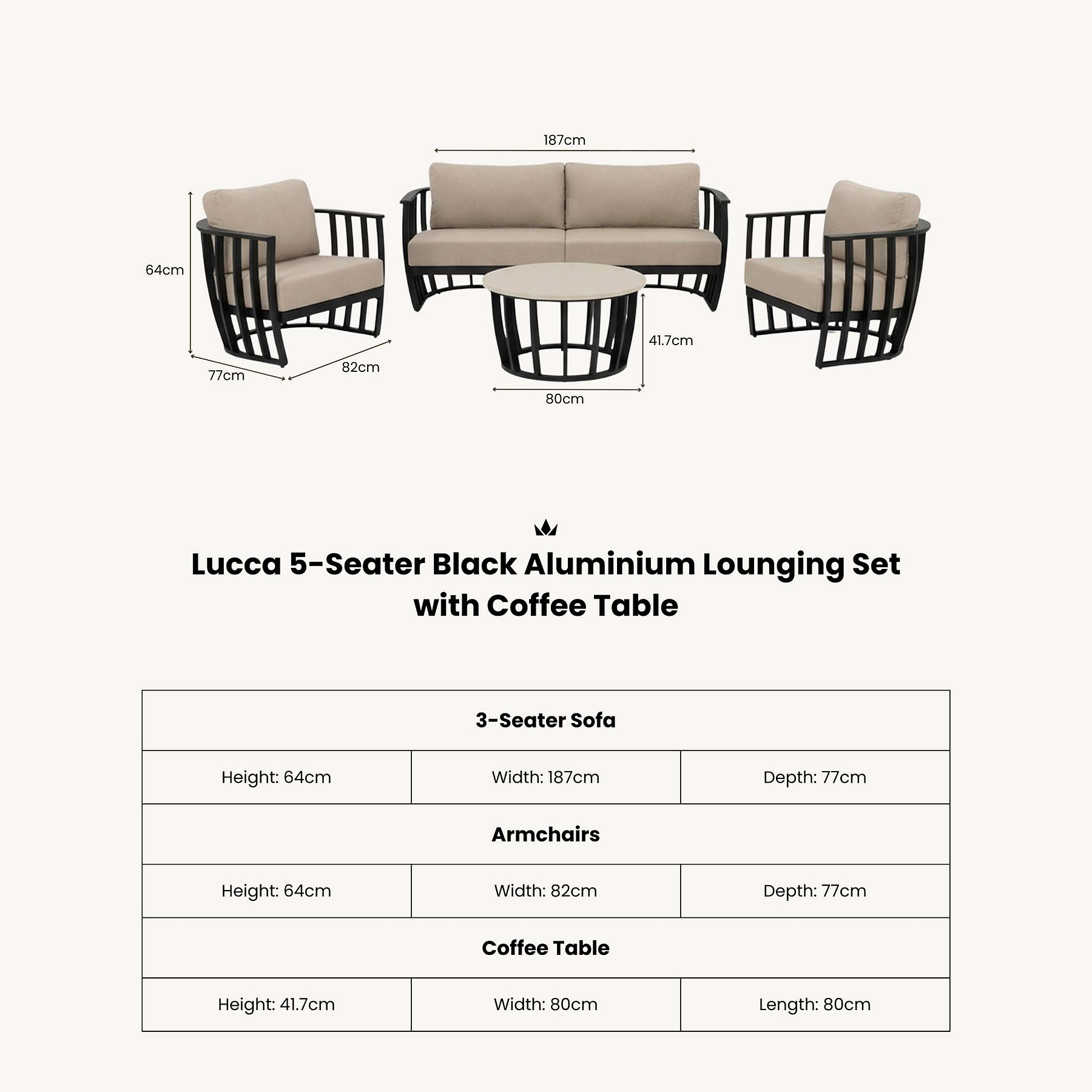 Lucca 5 Seater Lounging Set with Coffee Table dimensions