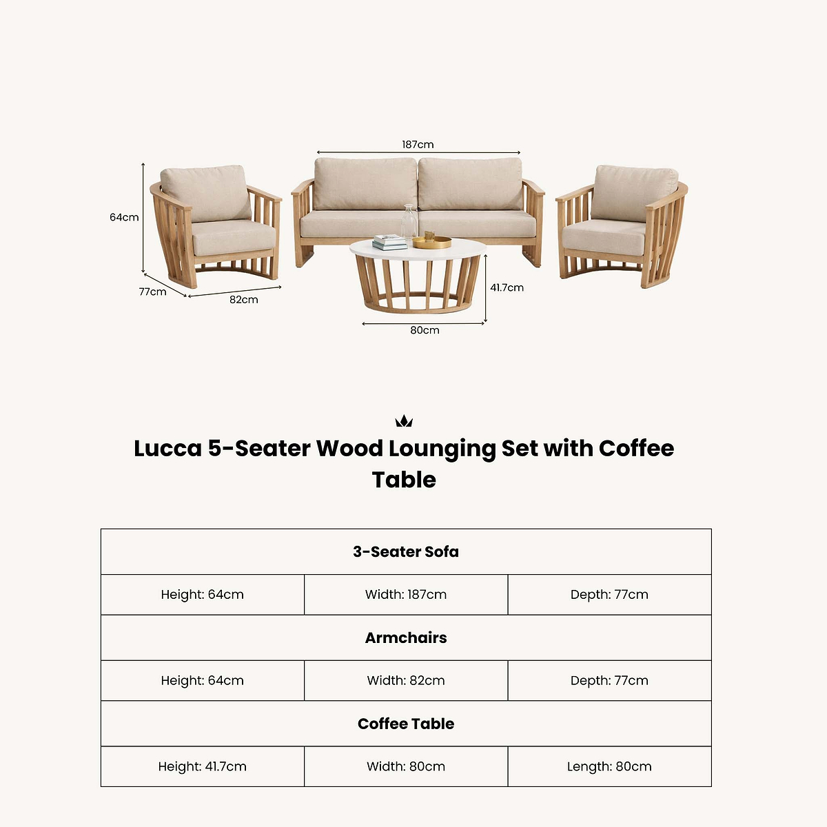 Lucca 5 Seater Acacia Lounging Set with Coffee Table dimensions