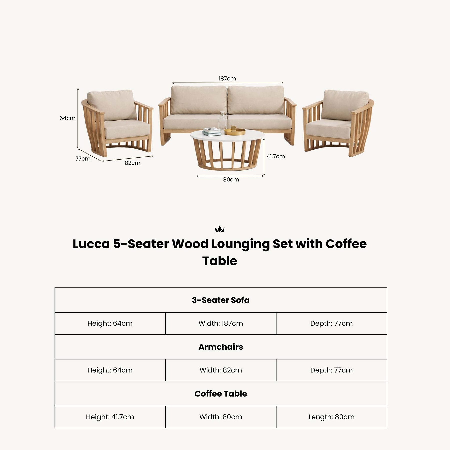Lucca 5 Seater Acacia Lounging Set with Coffee Table dimensions