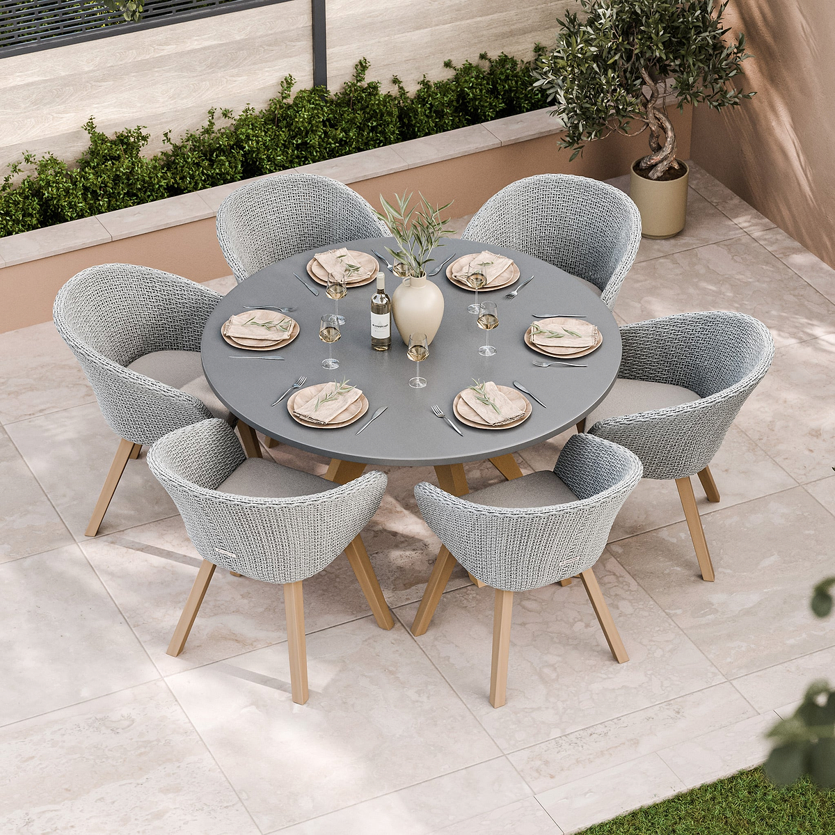 FSC 1 Luna 150cm Round table w 6 Sol Dining Chairs from Roseland Furniture