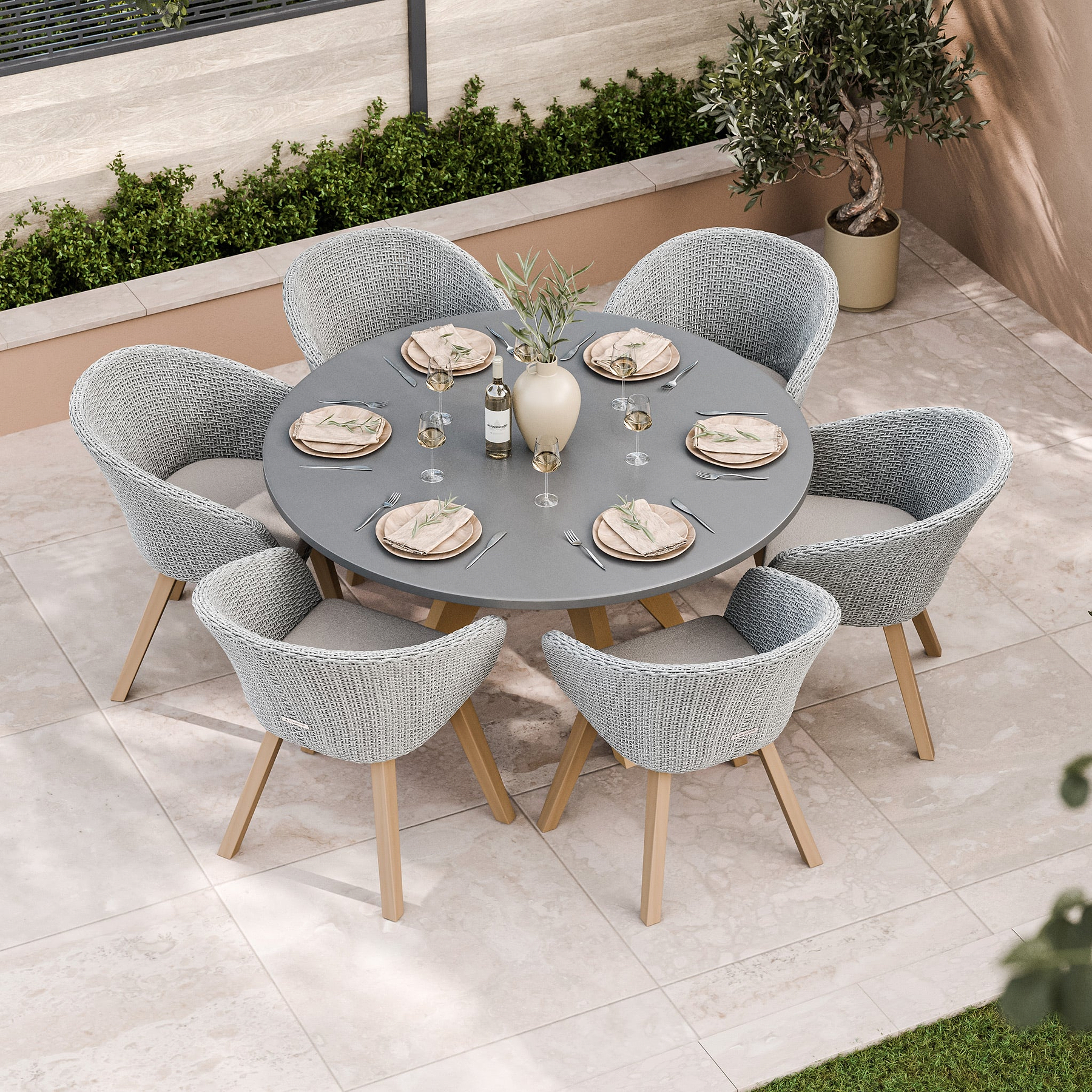 FSC 1 Luna 150cm Round table w 6 Sol Dining Chairs from Roseland Furniture