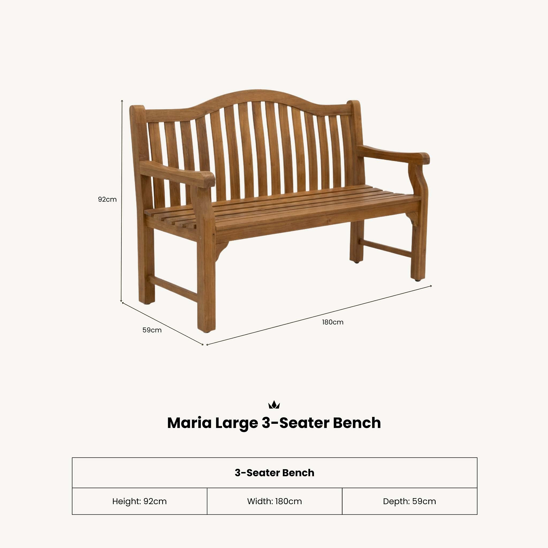 Maria 180cm 3 Seater Acacia Garden Bench dimensions