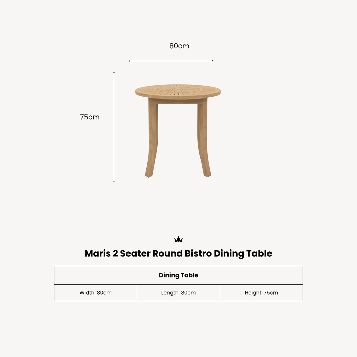 Maris 2 Seater Round Bistro Table Set dimensions