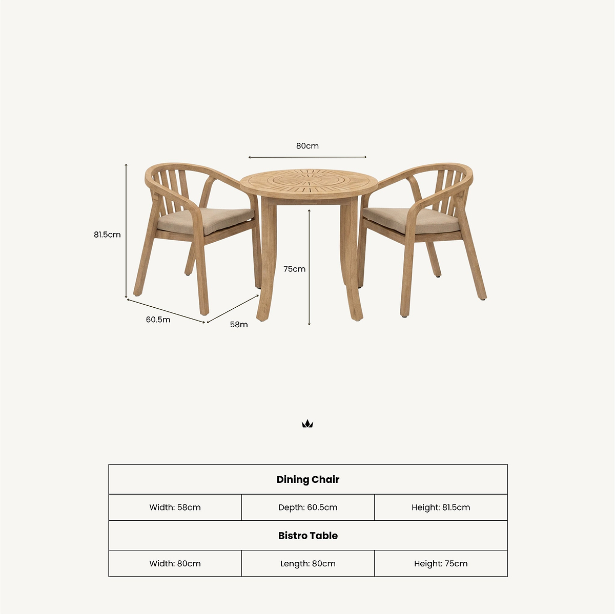 Maris 2 Seater Round Bistro Set with Riven Chairs dimensions