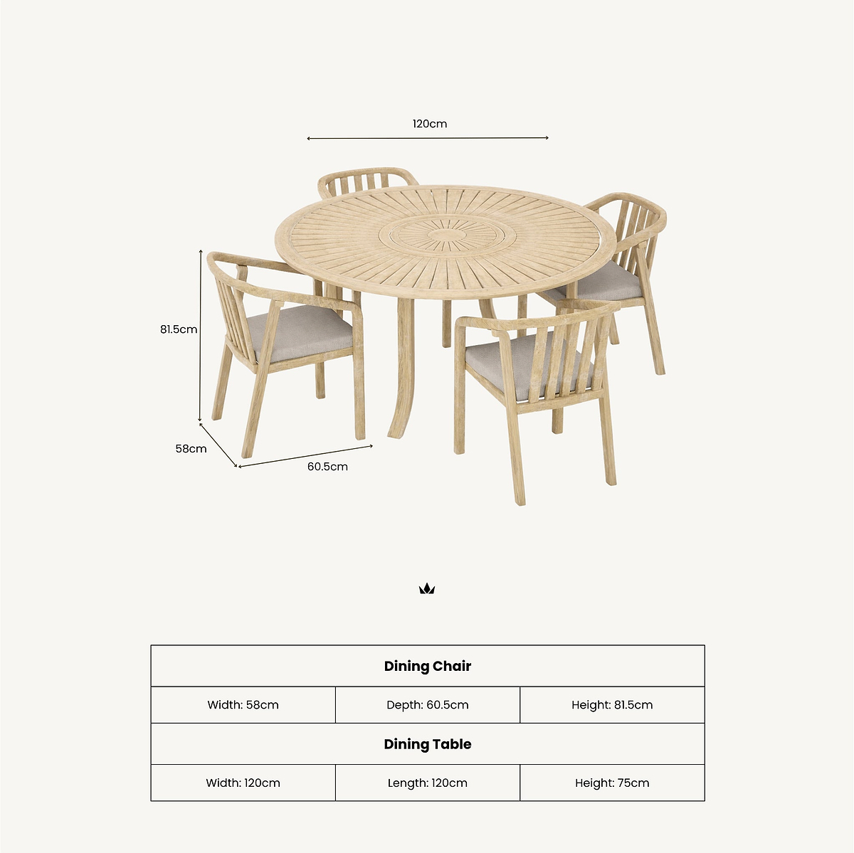 Maris 4 Seater Round Dining Table Set with Riven Chairs dimensions