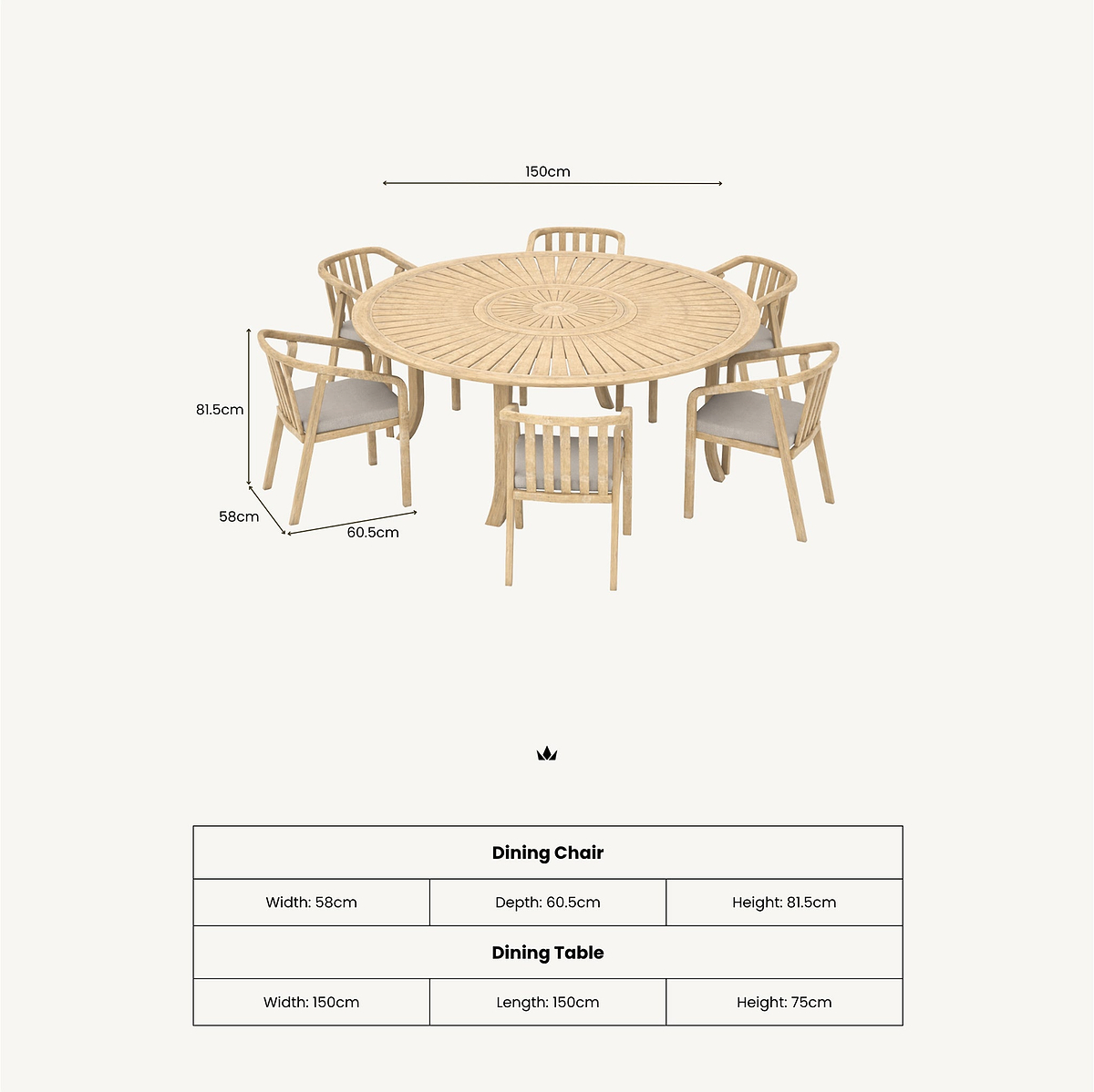 Maris 6 Seater Round Dining Table Set with Riven Chairs dimensions