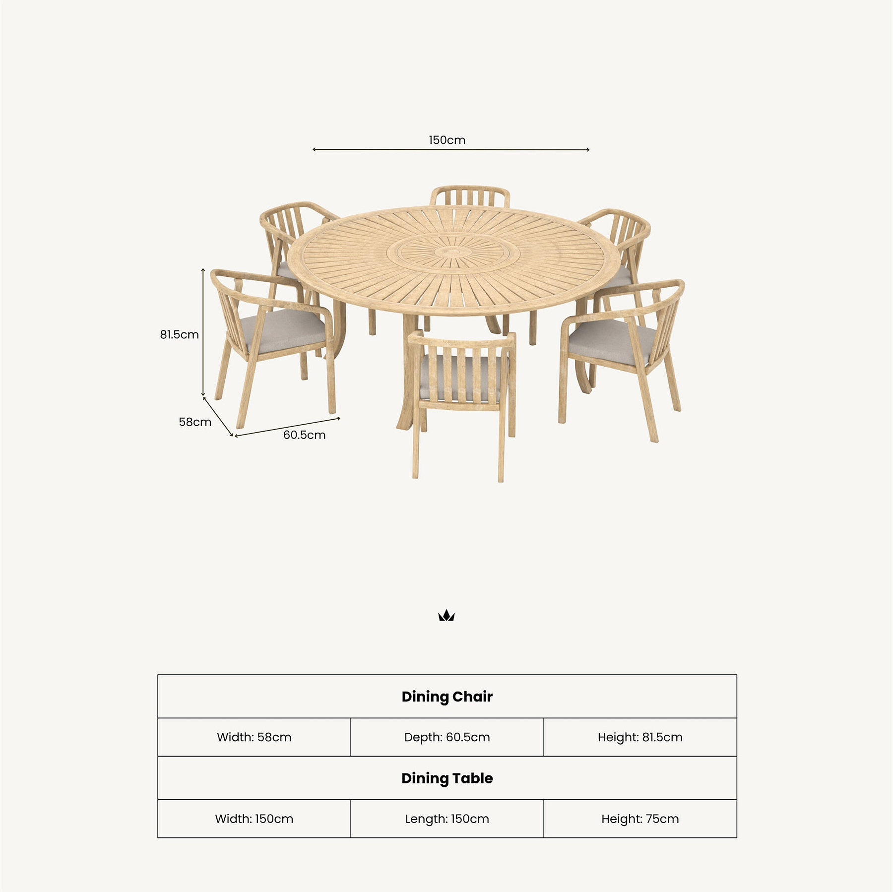 Maris 6 Seater Round Dining Table Set with Riven Chairs dimensions