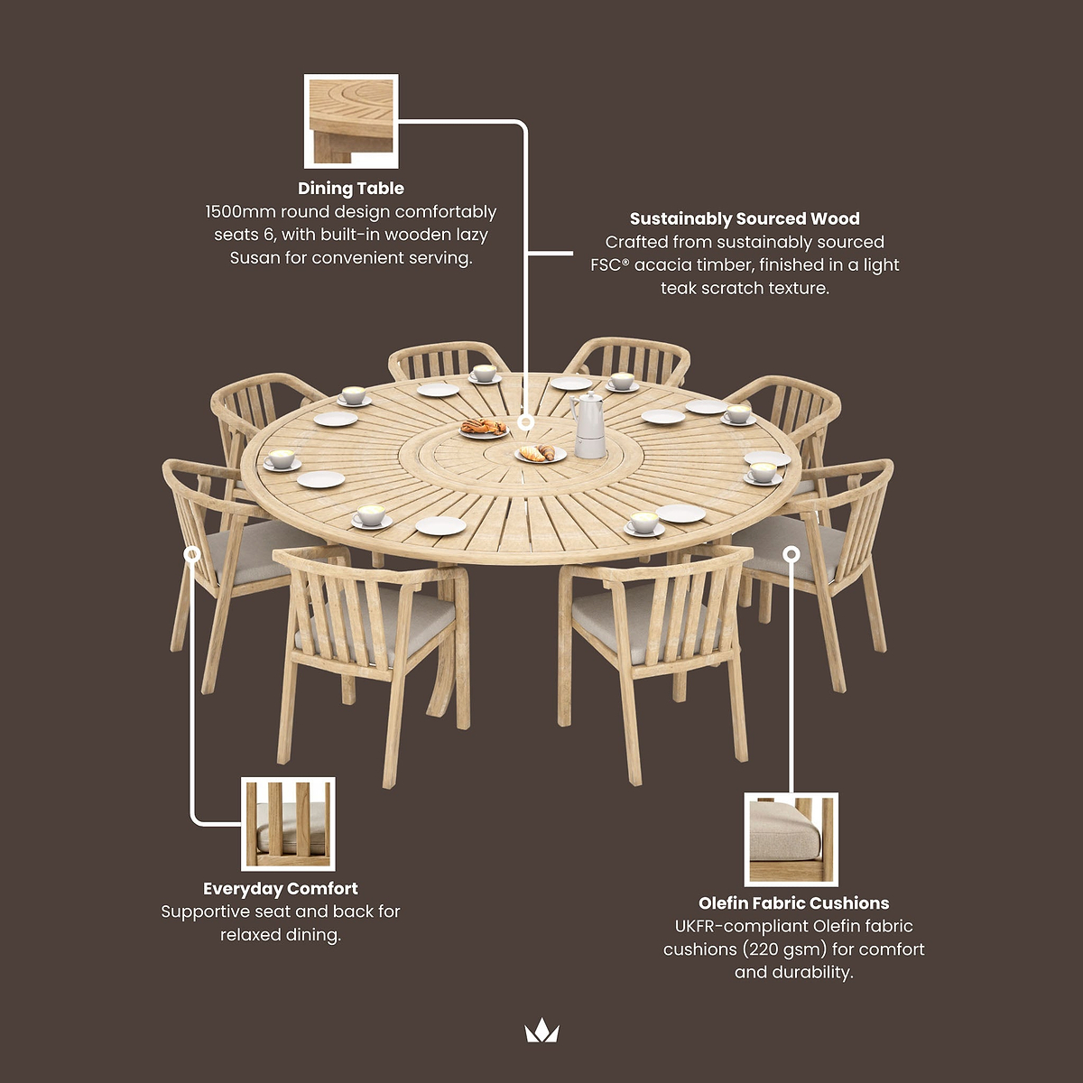 Maris 8 Seater Round Bistro Set with Riven Chairs Lazy Susan from Roseland Furniture