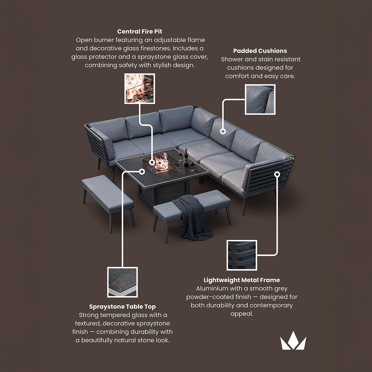 Mayfair 120cm Corner Fire Pit Table Garden Lounge Set