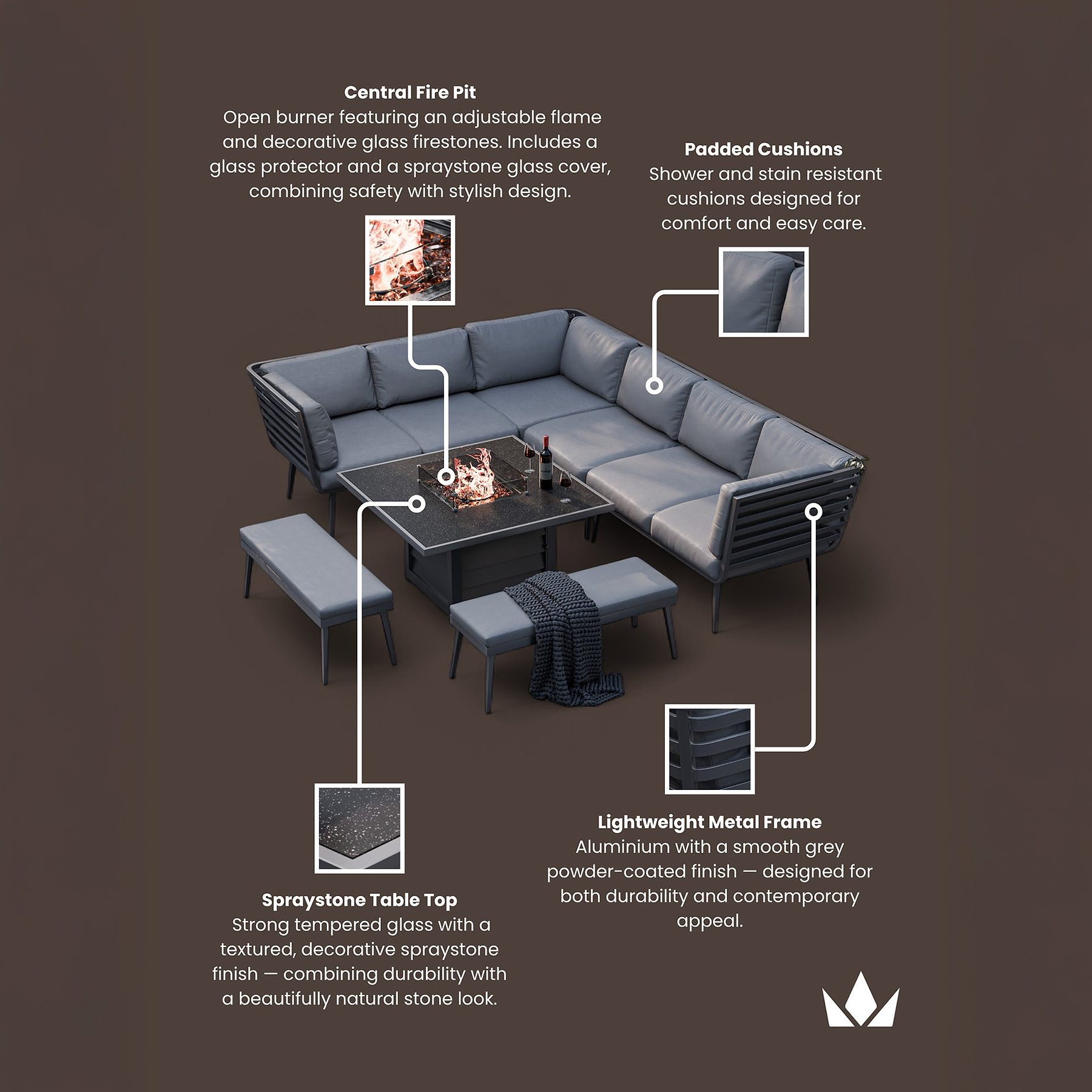 Mayfair 120cm Corner Fire Pit Table Garden Lounge Set