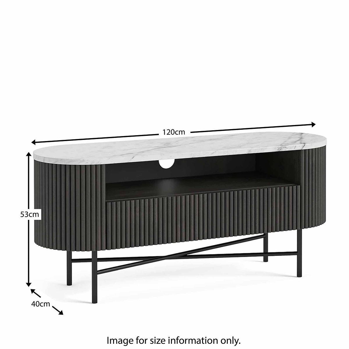 Milo Matt Black Mango & Marble Fluted TV Media Unit by Roseland Furniture Size Guide