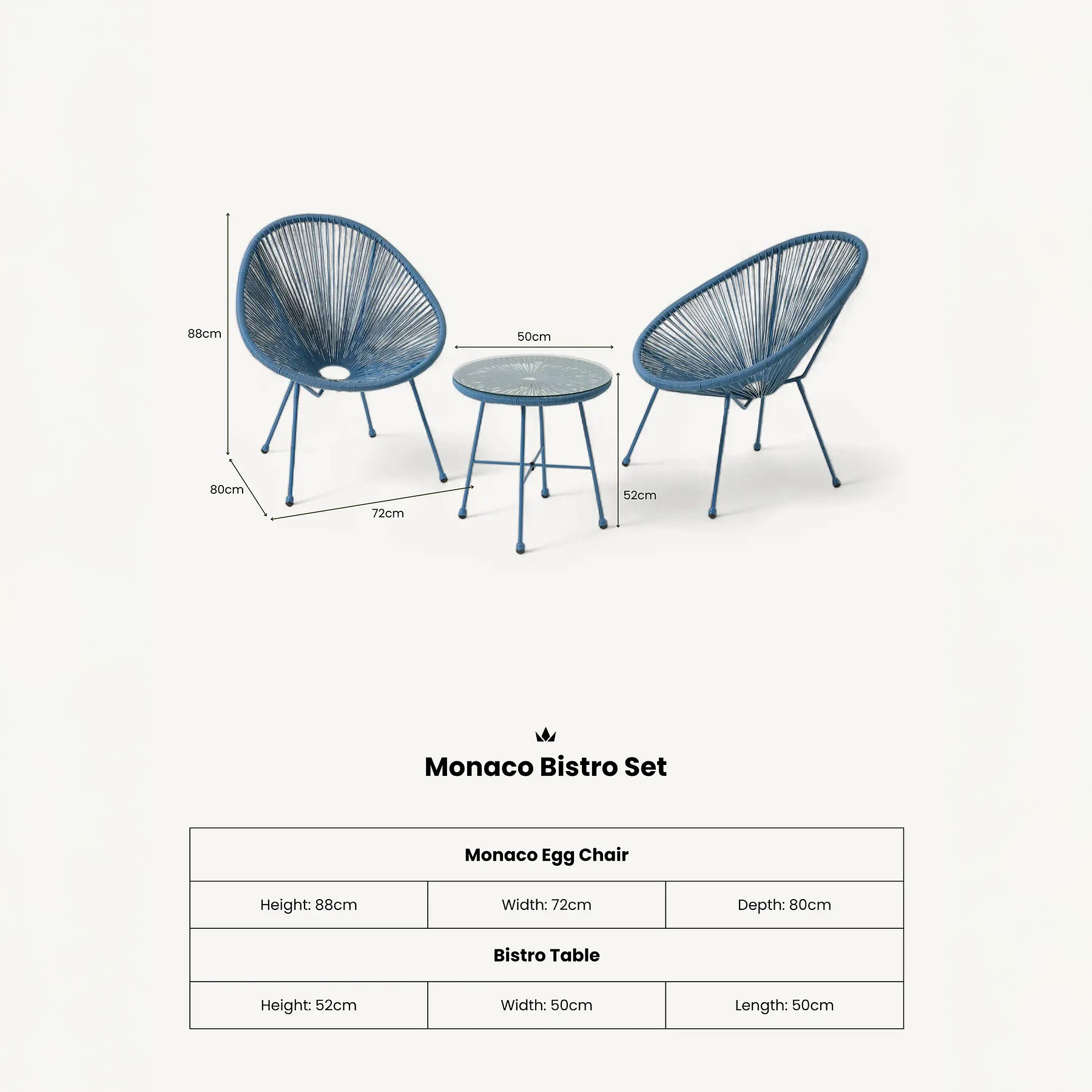 Monaco Blue 2 Seat Egg Chair Bistro Set dimensions