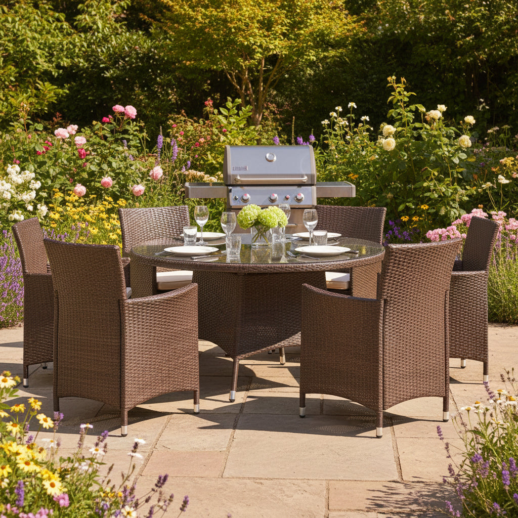 Vada Brown 140cm 6 Seat Rattan Round Dining Set