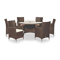 A round outdoor table with six matching wicker chairs, arranged as if awaiting guests, isolated against a white background.