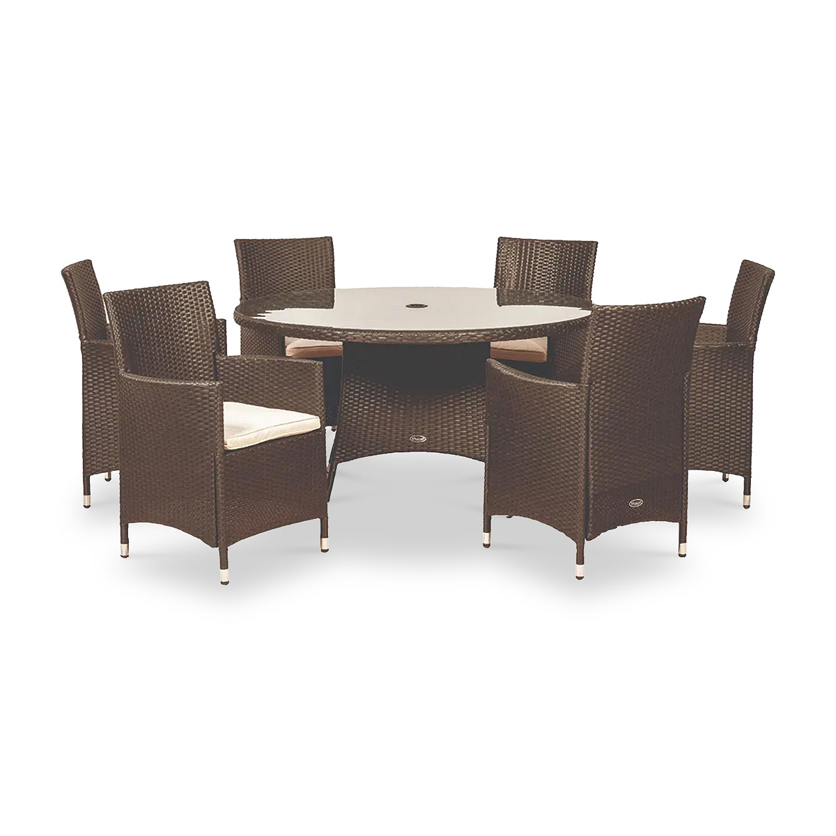 A round outdoor table with six matching wicker chairs, arranged as if awaiting guests, isolated against a white background.
