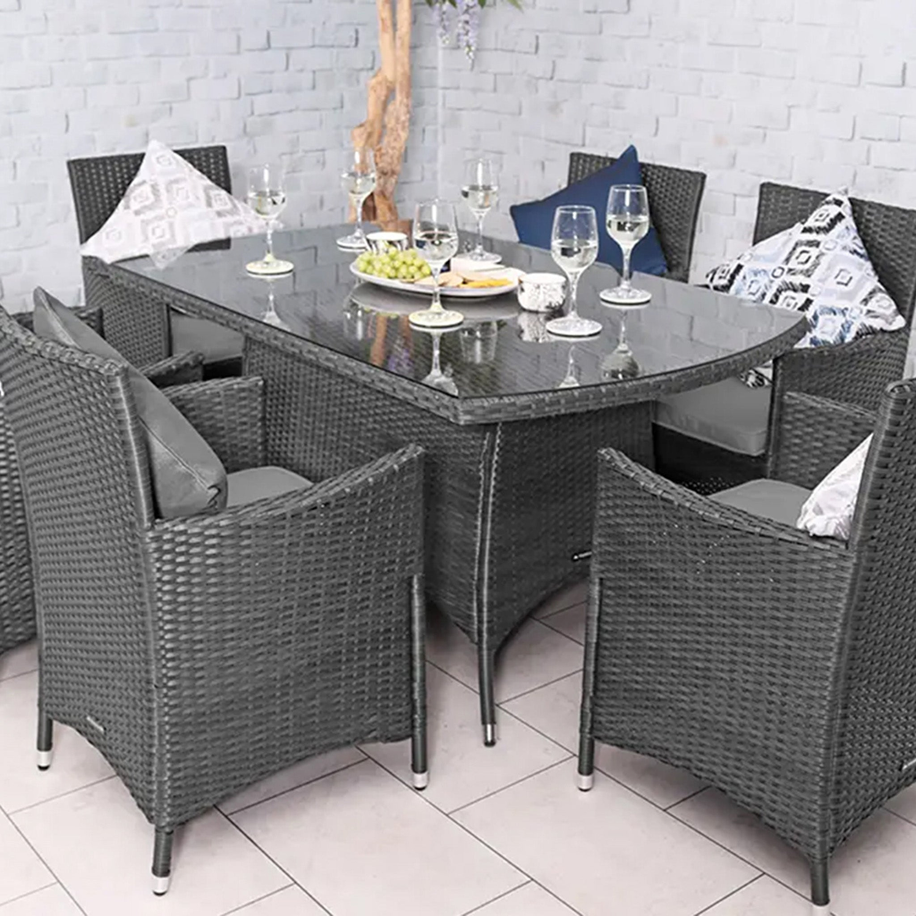 Vada 150cm 6 Seat Rattan Rectangular Dining Set - Grey