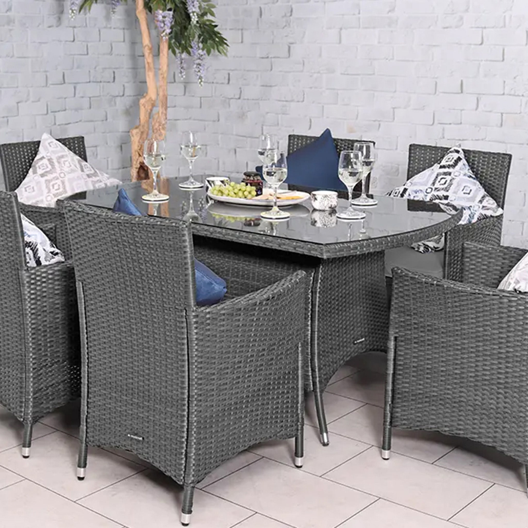 Vada 150cm 6 Seat Rattan Rectangular Dining Set - Grey