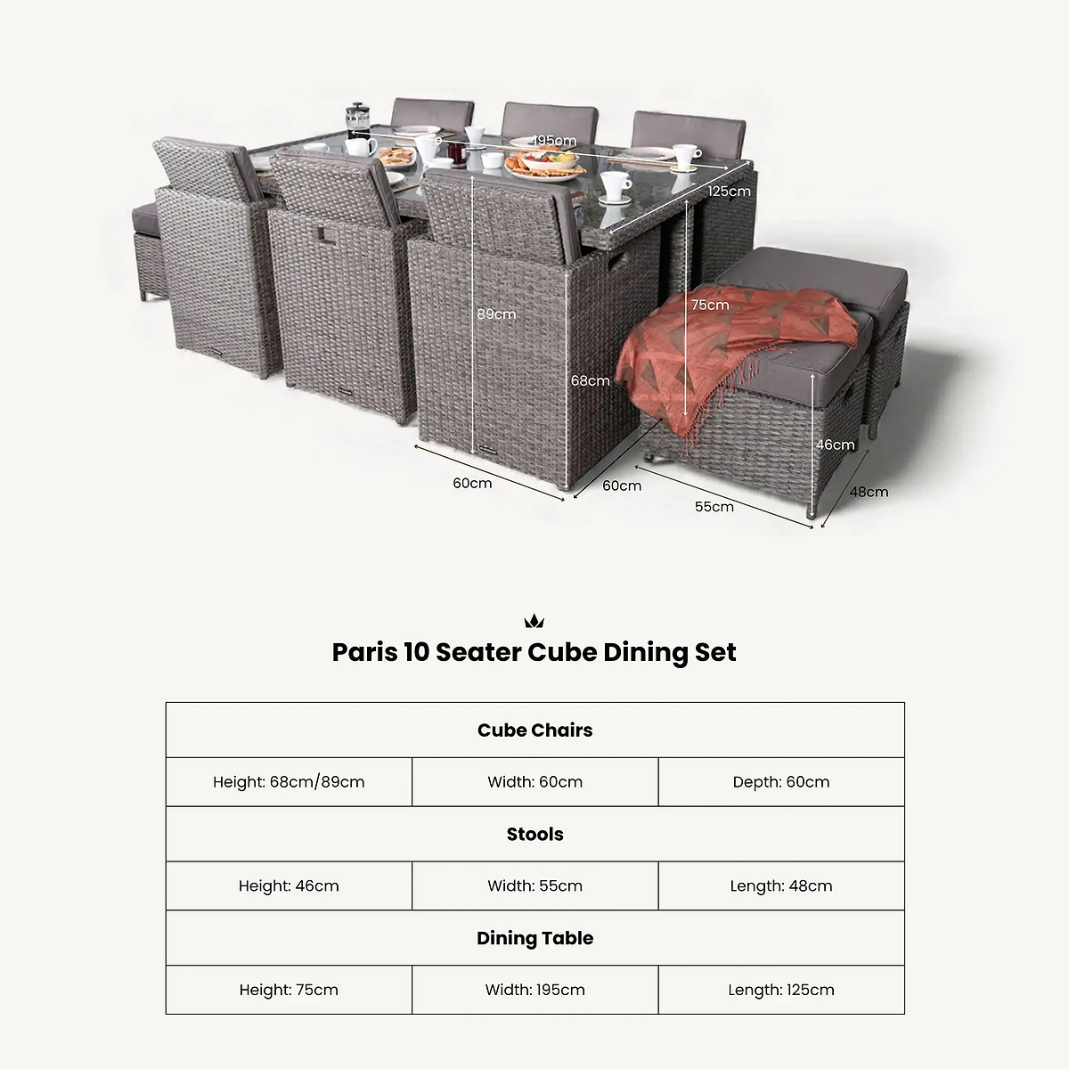 Paris 10 Seat Lux Rattan Cube Set dimensions